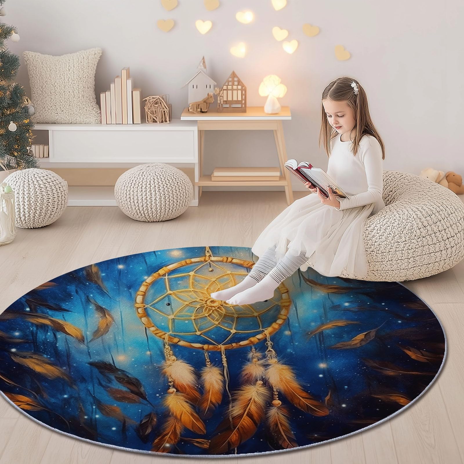 Bohémien Traumfänger-Design, rund, 90 cm, rutschfest, waschbar, mit Federn, für Schlafzimmer, Esszimmer, Kinderzimmer, Balkon, Dekoration, Gelb