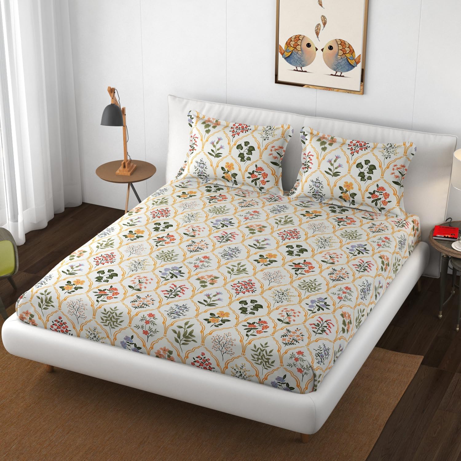 Premium Heavy Cotton Flat Bedsheets with 2 King Size Pillow Covers || Double Bed 350 TC || 90 x 100 Inch King Size Flat || - Multi Diamond Flower