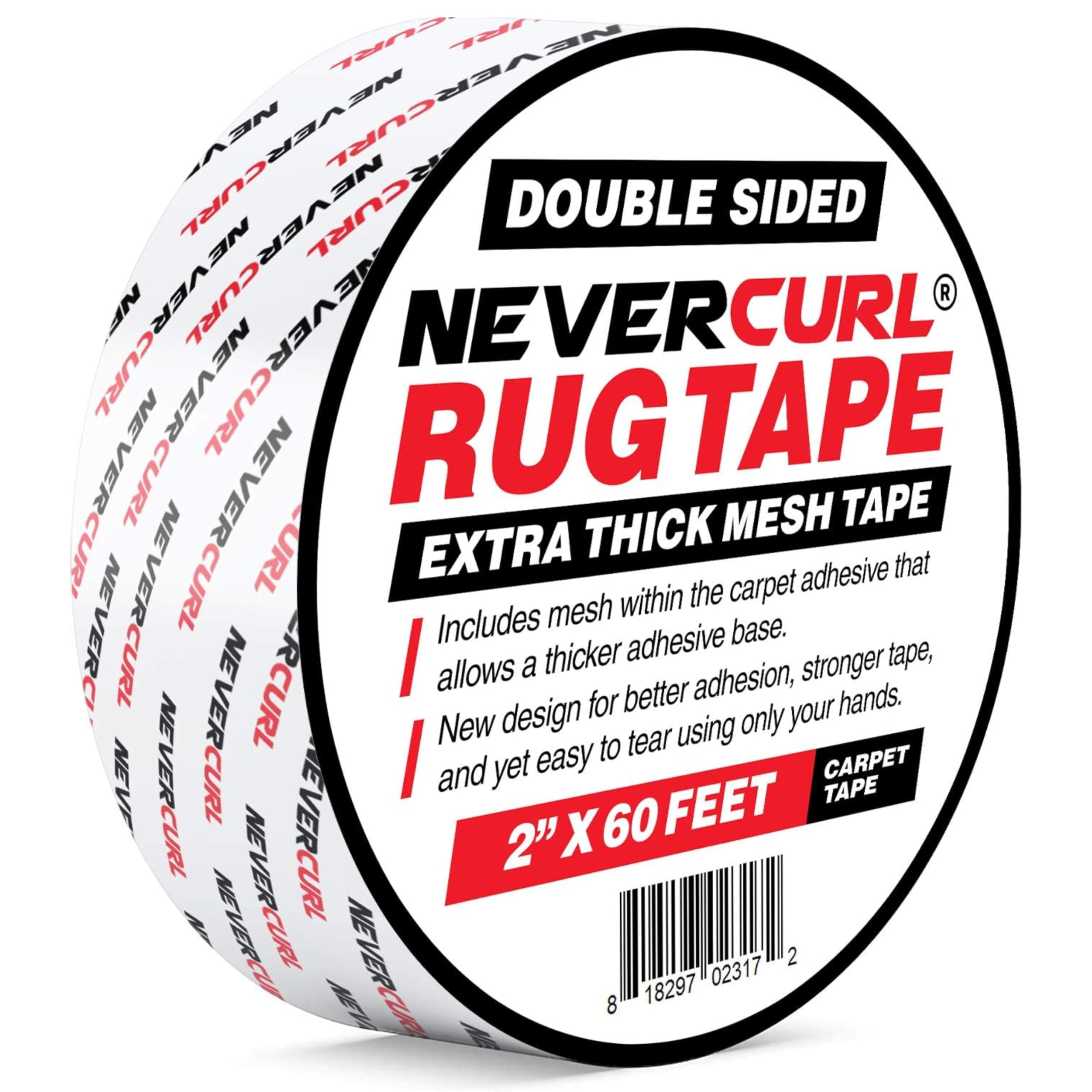 iPrimio NeverCurl Double Sided Extra Thick Rug Tape for Area Rugs on Carpet with Mesh Fabric - 1.5" by 30 Feet Roll - Anti Slip Non Skid Gripper Tape for Rugs, Mats, Pads, Runners