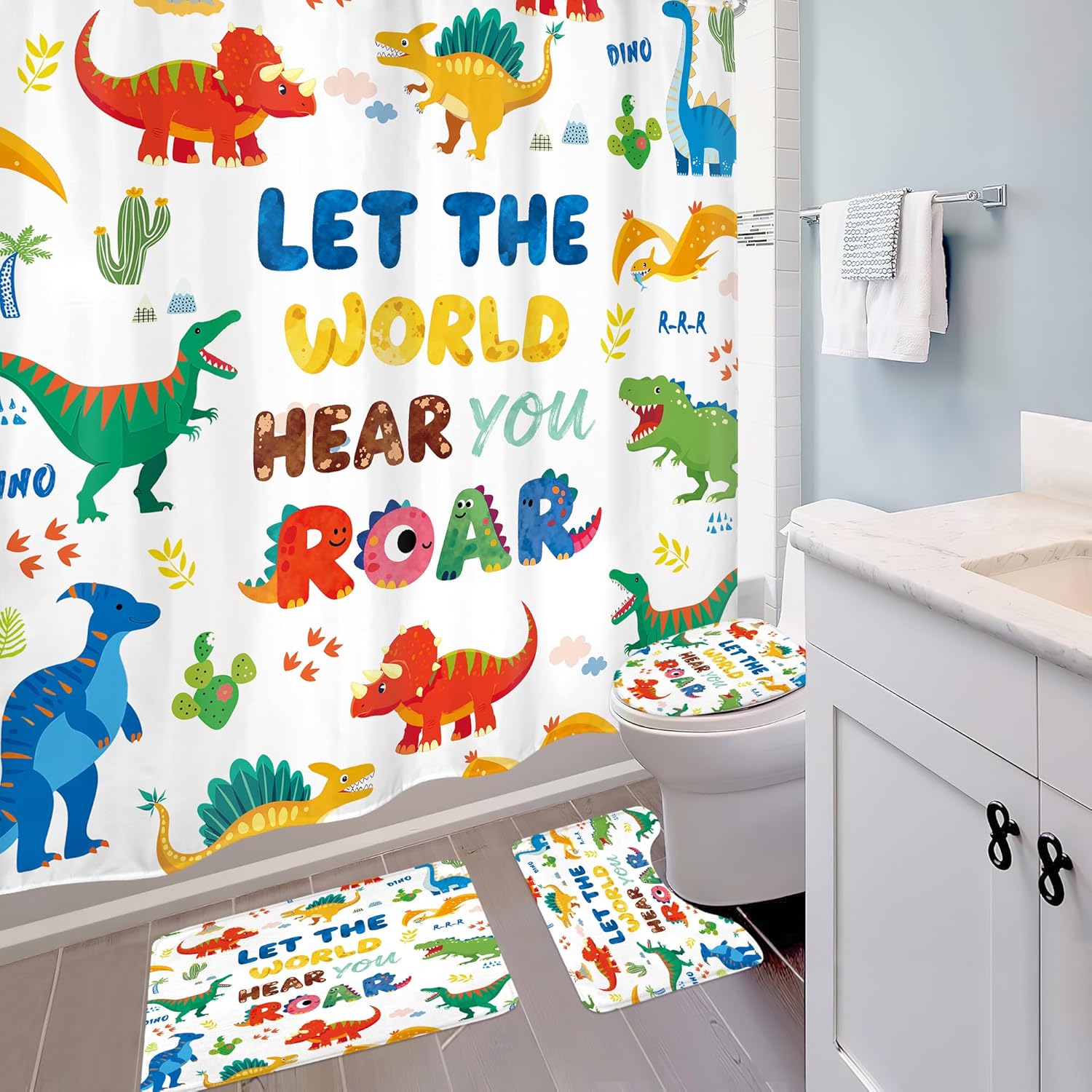 4 PCS Kids Dinosaur Shower Curtain Set 72Wx72H Cartoon Dino Cute Fun Words Bathroom Set Non-Slip Bath Rug Toilet Lid Cover U Shape Mat Complete Bathtub Accessories with 12 Hooks Bathroom Decor