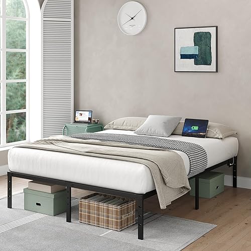 Full Size Bed Frame with Charging Station, 14 Inch Heavy Duty Metal Platform Bed, Easy to Assemble,Noiseless, No Box Spring, Black