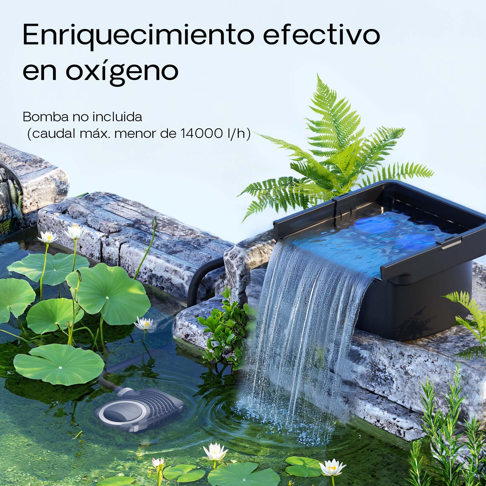 SunSun Filtro de Cascada CWF- 400 14000 l/h con 400 mm de Ancho de Salida, Elemento acuático con Elemento filtrante Integrado para estanques de jardín