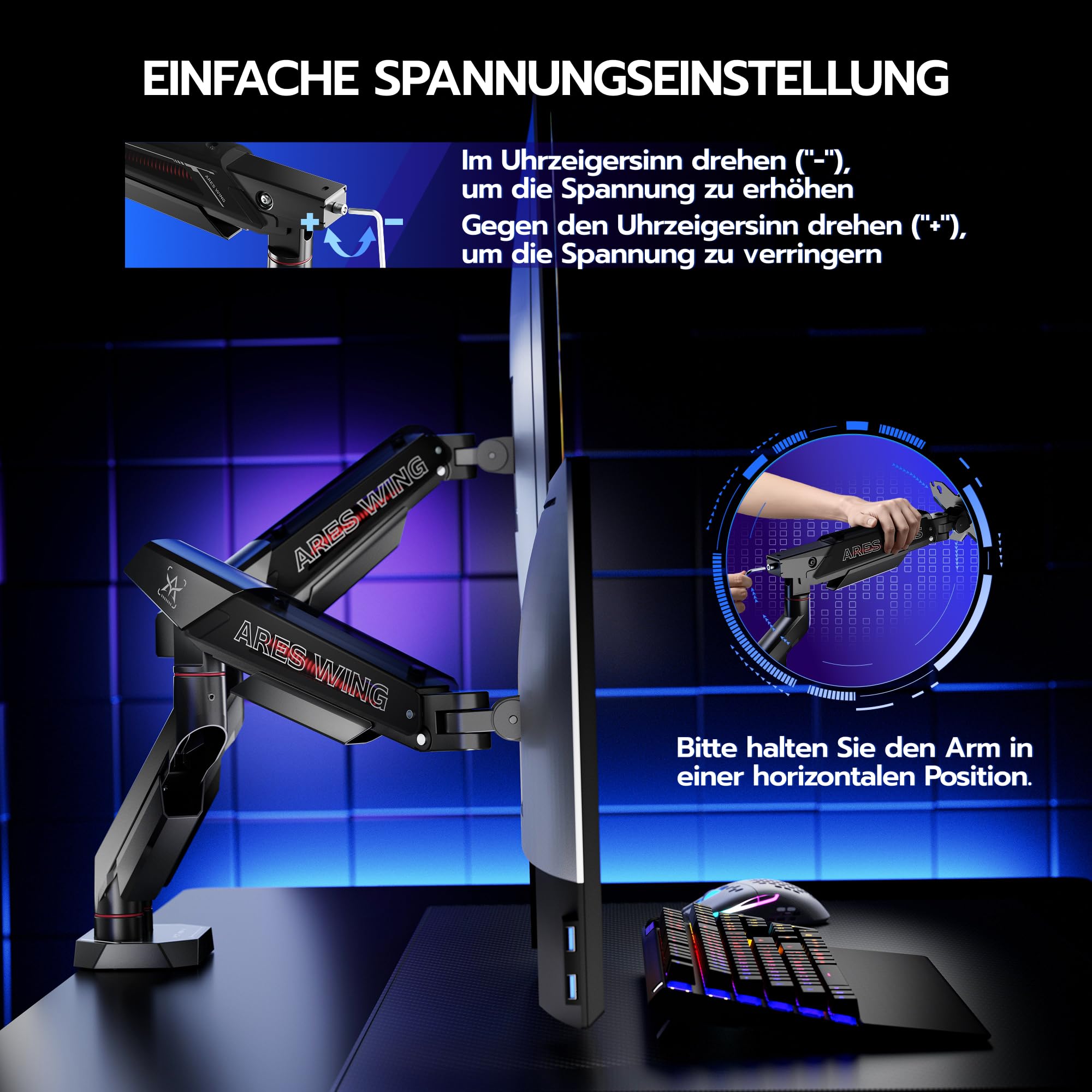 ARES WING Monitor Halterung 2 Monitore für 17–35 Zoll, 12 kg/Arm,Schwarz | Dual Monitorarm für Flach&Curved Bildschirm, höhenverstellbare Tischhalterung mit Kabelführung, ergonomisch,VESA 75/100 mm