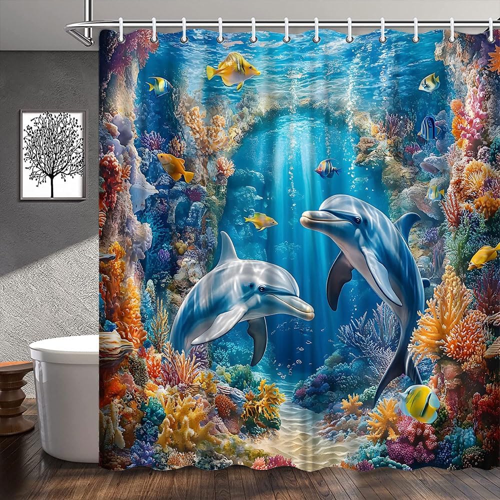 Dolphin Shower Curtain Tropical Underwater Beach Fish Colorful Coral Shell Cute Animal Blue Ocean Scenery Marine Life Bathroom Decor Polyester Fabric Curtains with Hook 70Wx80H Inches