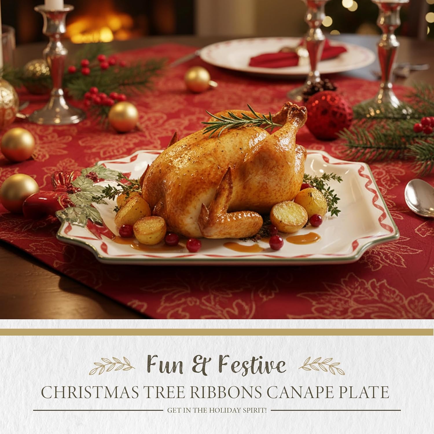 Spode Christmas Tree Ribbons Canape Platter - 6.5-Inch Holiday Serving Plate for Desserts, Appetizers, and Treats - Festive Earthenware Christmas Dinnerware with Gold Accents - Dishwasher Safe - Image 2