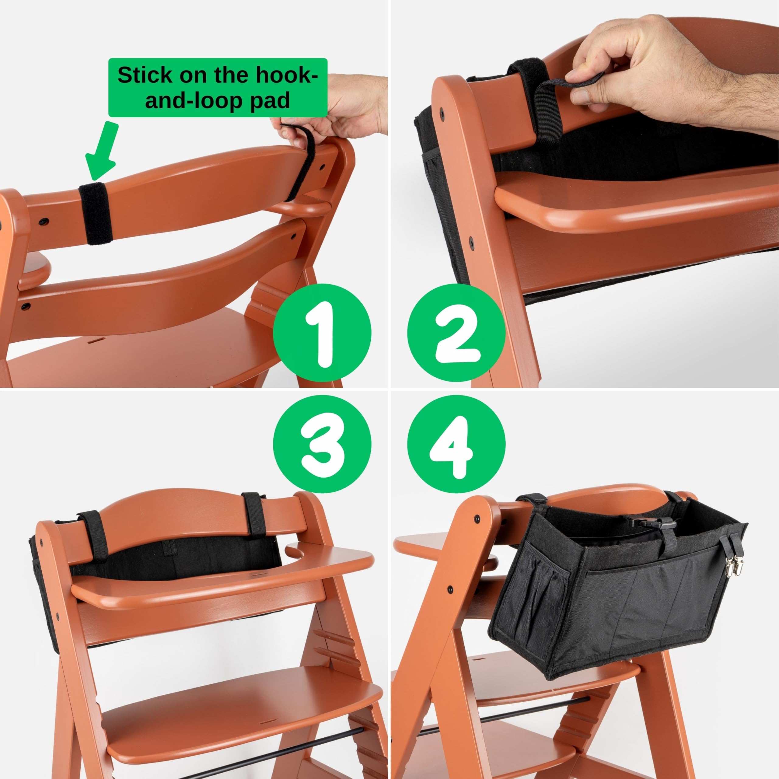 Organizzatore per seggiolone, 1 set, in feltro, nero, adatto a tutte le marche e a tutti i modelli, con tante tasche per organizzare gli oggetti del bambino, borsa appesa per il seggiolone