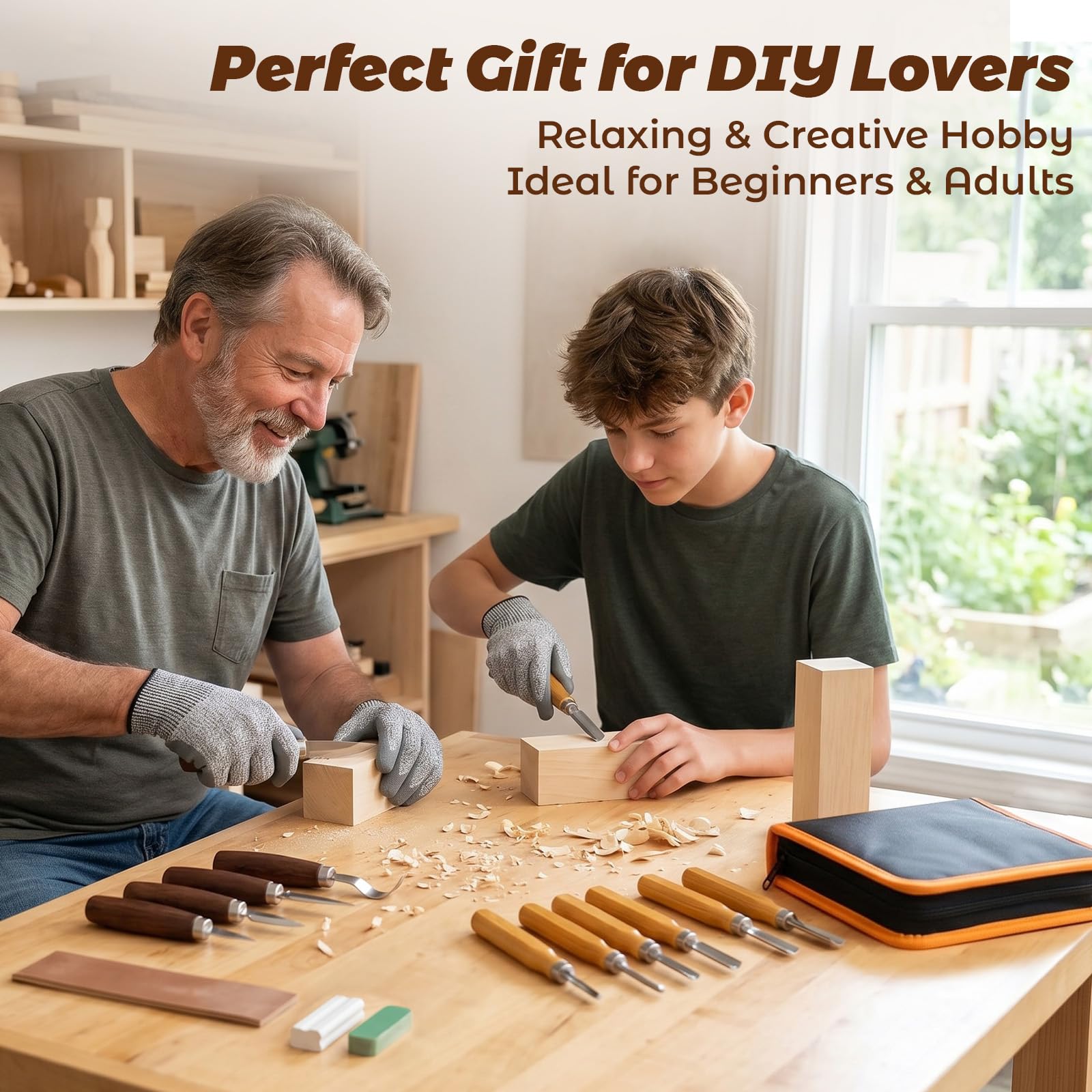 HA BIN Kit Tallado Madera 30 Piezas, Gubias y Cuchillos para Tallar Madera con Piedra de Afilar, Cuero, Guantes y Bolsa – Juego de Herramientas para Principiantes Adultos