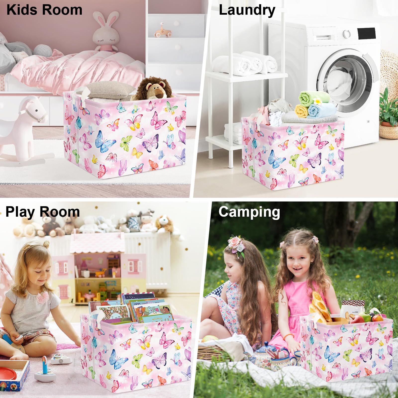 Clastyle Ceste Biancheria Bambini Farfalla Cestino Giocattoli Vestiti Impermeabile per Donna Ragazza Cestino Portaoggetti per Bagno Cameretta Bucato, Rosa, 40x30x30 cm