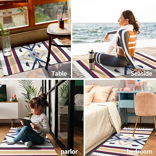 Miniatura 7 de Cifupy Alfombra bohemia de algodón de 2 x 3 pies con borlas, lavable a máquina, antideslizante, suave, ideal para dormitorio, baño, cocina, porche,