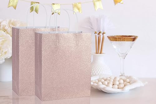 Miniatura 4 de UNIQOOO - 12 bolsas de regalo con purpurina de oro rosa con 12 papel de regalo blanco de 12 pañuelos de oro rosa | Bolsa de papel Kraft para boda