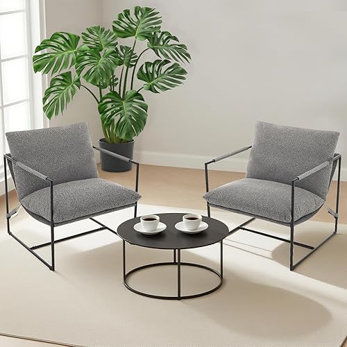 Sling Accent Chair for Living Room Set of 2, Modern Metal Framed Cozy Armchair, Upholstered Living Room Chairs with Shredded Foam Cushioning, Lounge Chair for Bedroom, Living Room, Reading Room, Grey