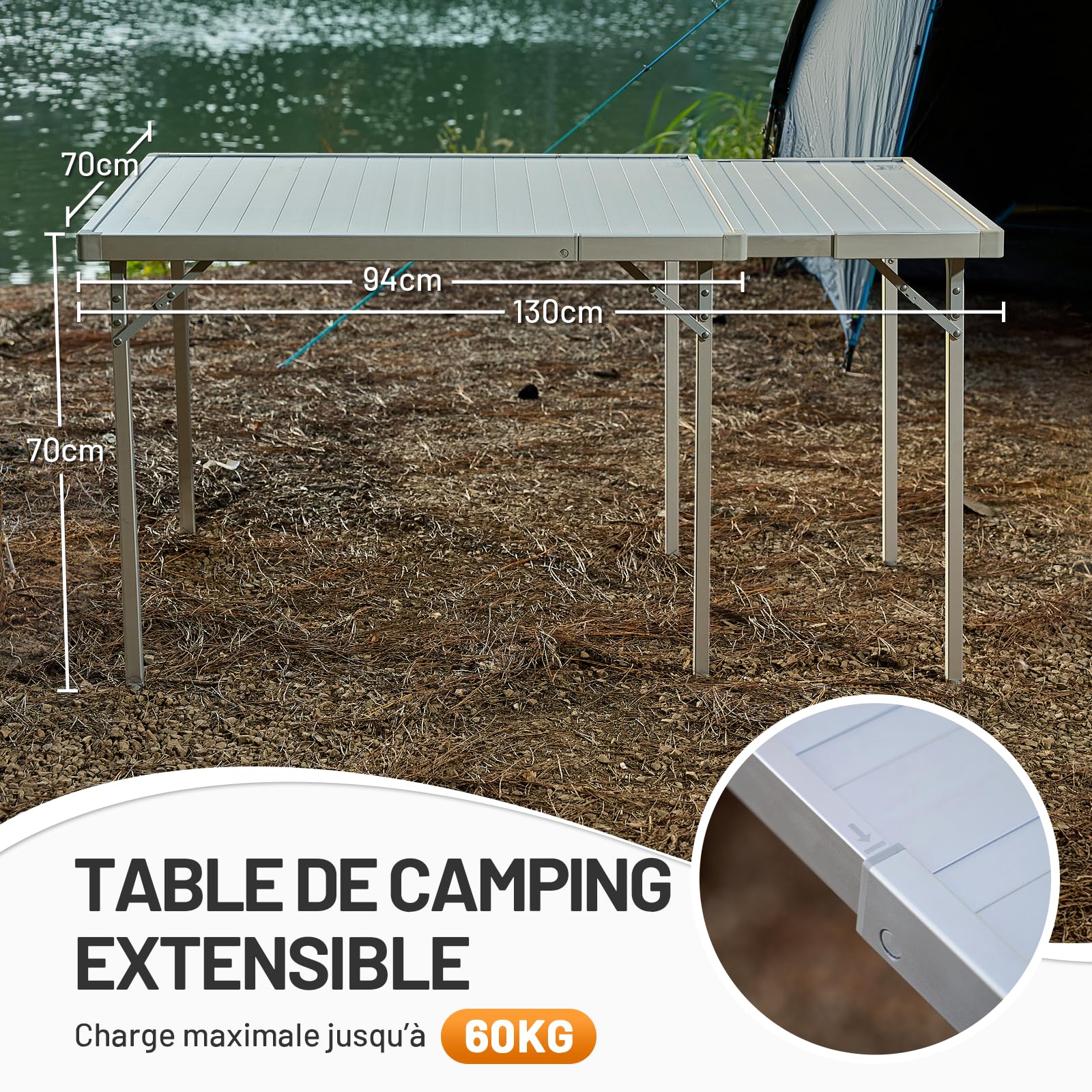 TIMBER RIDGE Table Camping Pliante Extensible 94/129x70cm Aluminium | Table extensible de 94 à 129cm, hauteur réglable, cadre aluminium avec sac de transport pour camping et caravane