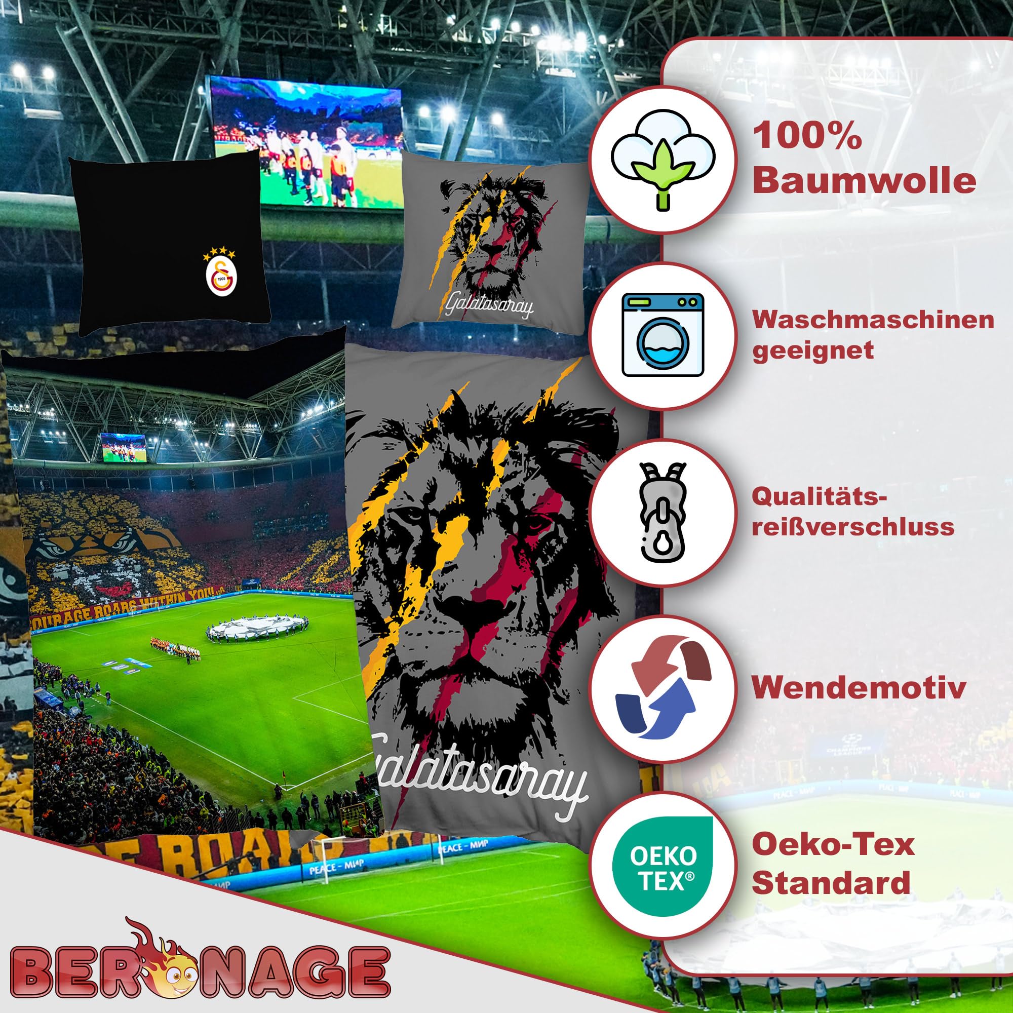BERONAGE Galatasaray - Ropa de cama de Estambul RAMS Park 135 x 200 cm + 80 x 80 cm, 100 % algodón, calidad de fútbol, estadio GS Aslan Cim Bom, reversible, con cremallera, tamaño alemán