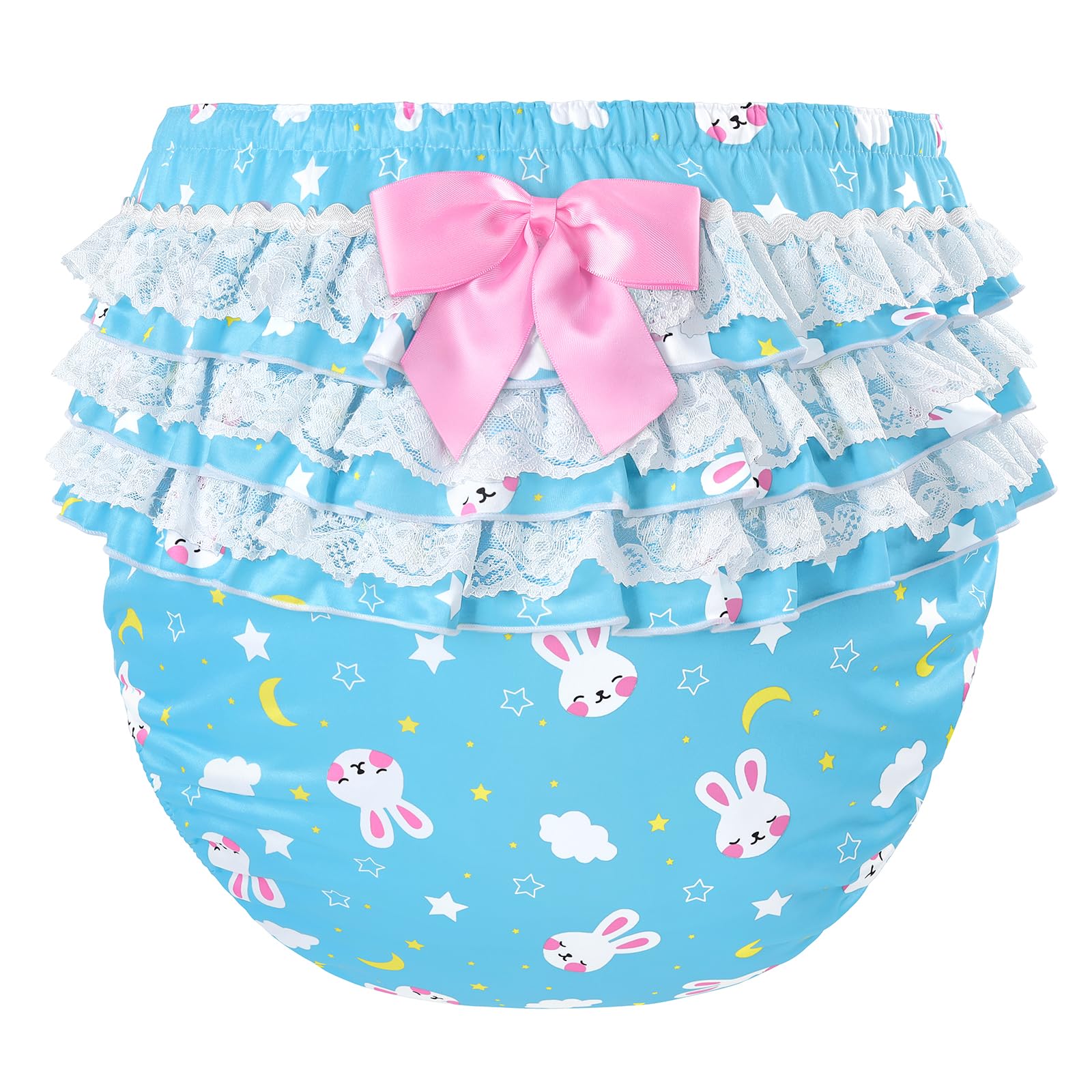 Littleforbig Silky Washable Reusable Waterproof Ruffled Lace Bow Snuggle Bunny Pattern Ruffle Adult Diaper Cover S Blue
