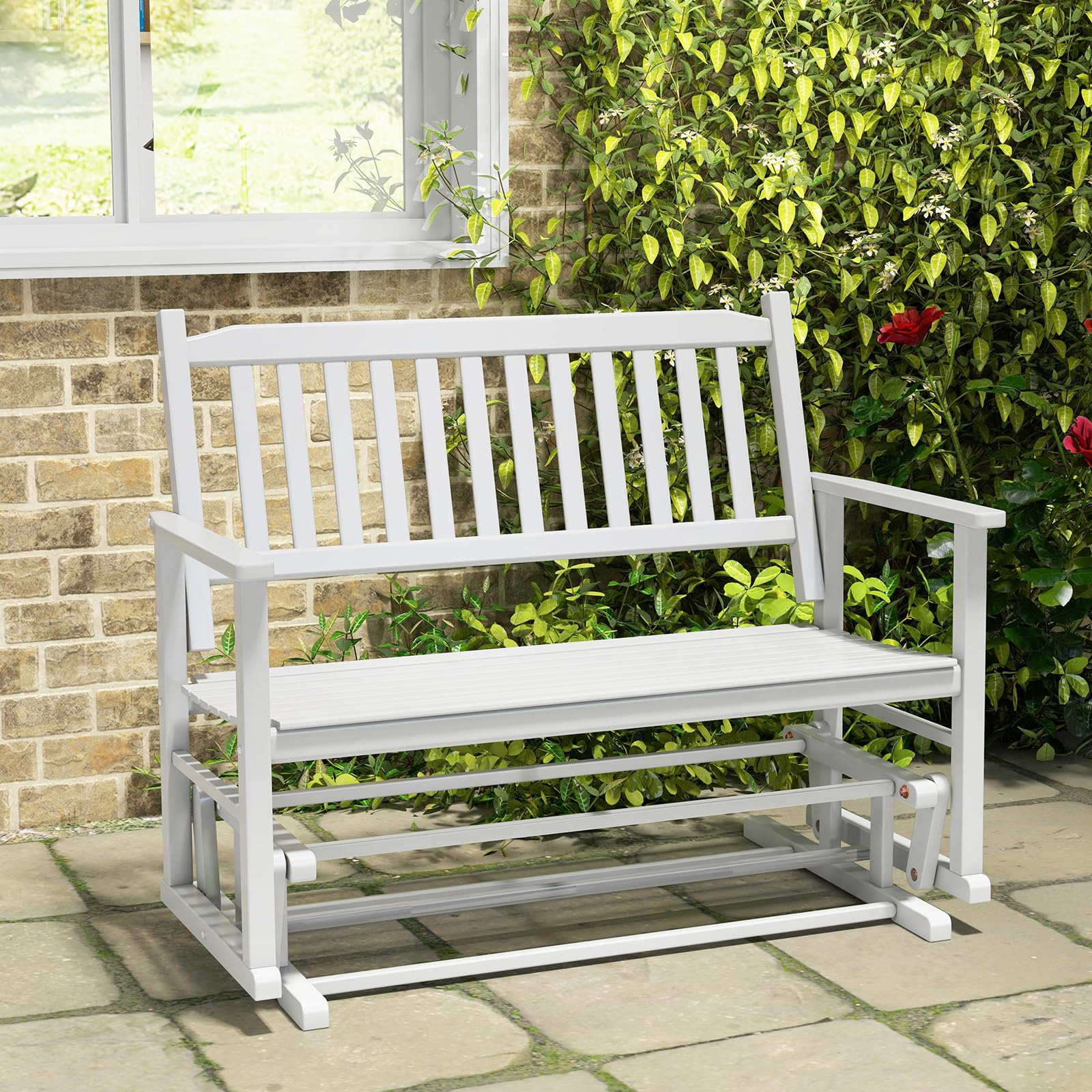 COSTWAY Banco Balancin Jardin Exterior 2 Plazas, Mecedora con Asiento de Listones y Respaldo Curvado, Deslizamiento Suave y Seguro, Blanco, 126 x 68 x 100 cm