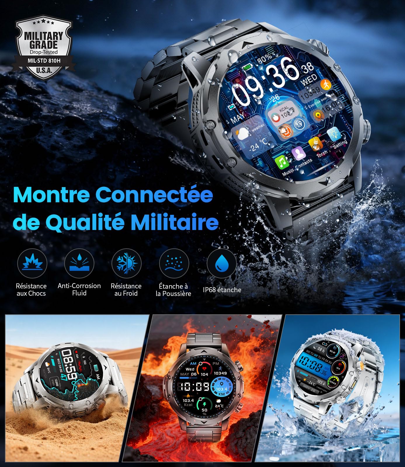 Montre Connectée Homme avec 1000mAh/Poche, 1,53" HD Écran Militaire Smartwatch avec Appel Bluetooth, 120+ Sportmodi, IP68 Étanche, Fréquence Cardiaque, Moniteur de Sommeil pour iOS Android