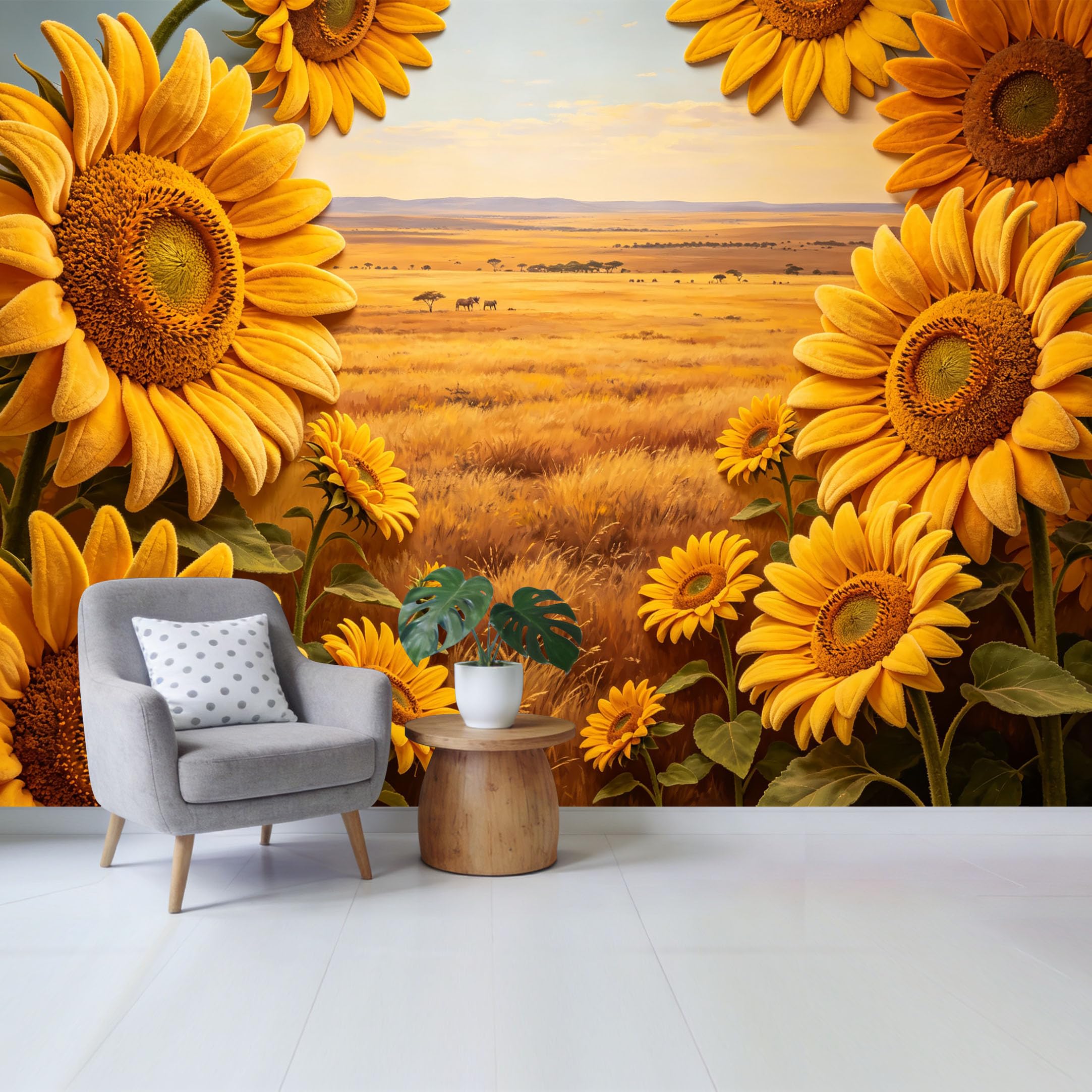 Qzlithotic Yq2605250320 Custom Size Wall Mural Golden Sunflower Field African Savannah Landscape Oil Painting Selfadhesive Wall Fabric Removable Wallpaper For Home Office Decor