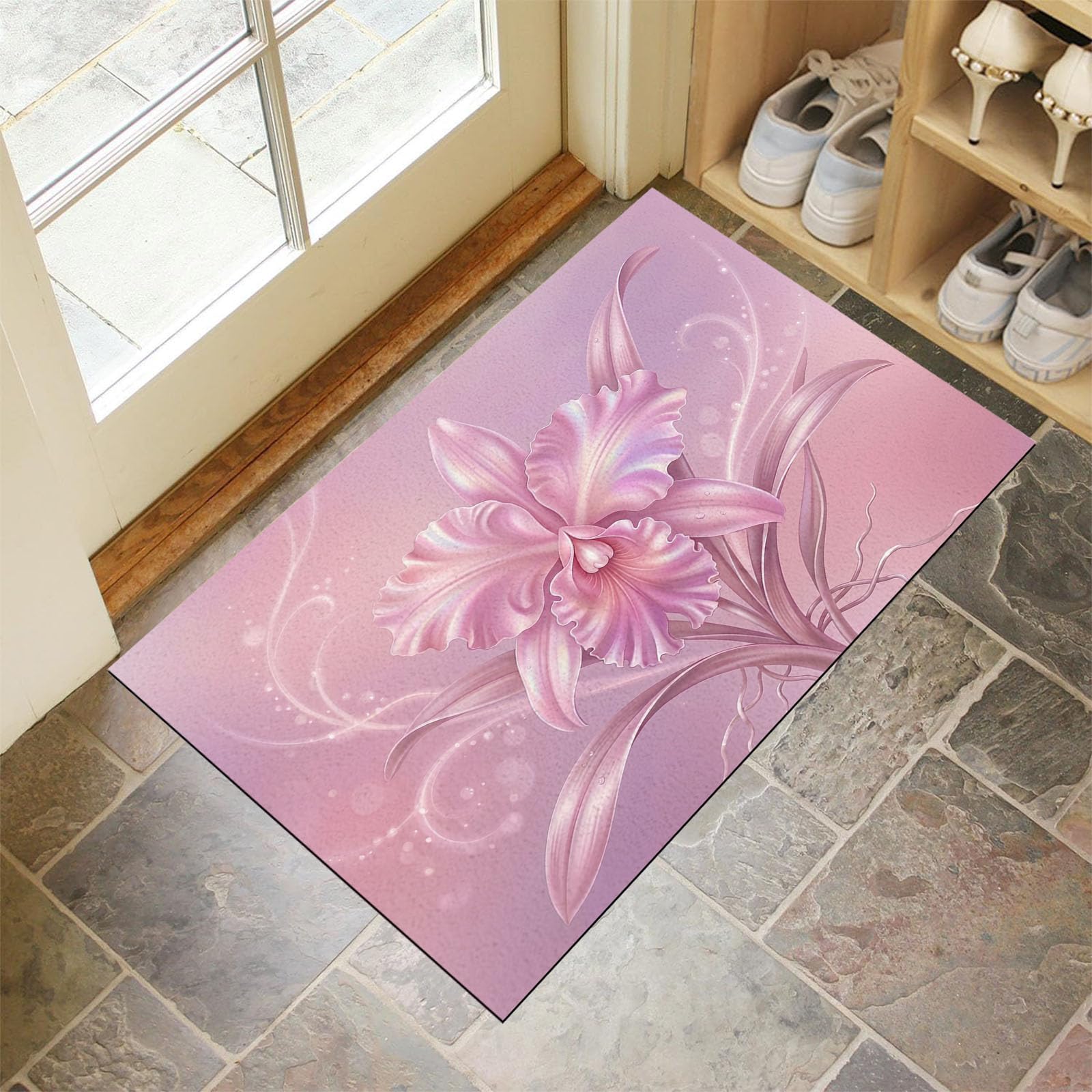 Zerbino Ingresso Interno Orchidea Phalaenopsis 3D Splendente, Zerbino Di Benvenuto Lavabile Morbida Fiori Romantici A Tinta Unita, Antiscivolo Tappeto Da Decorazioni Rosa Per Casa Porta, 60X90Cm