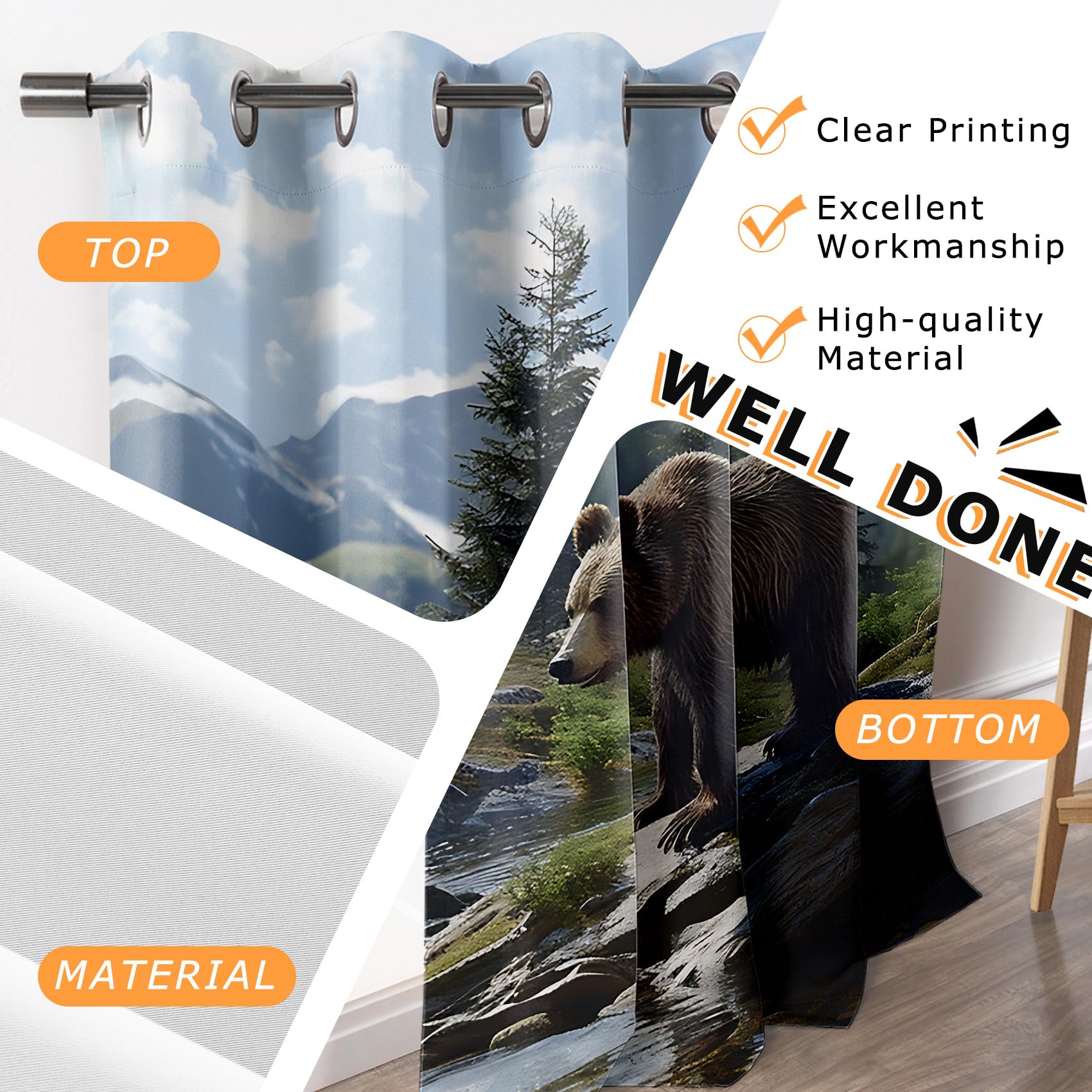 Generisch Vorhänge Bär - Tierwelt Berge Landschaft Fenster Gardinen mit Ösen, Vorhang Blickdicht Verdunklungsvorhänge Thermovorhang für Wohnzimmer Schlafzimmer Deko 2er Set, H 220 x B 140 cm C#-118