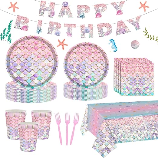 122 Pcs Mermaid Birthday Party Decorations Supplies Includes Plates and Napkins, Fork, Cup, Tablecloth, Banner for 24 Guests, Little Mermaid Theme Decor Paper Plates for Girls under the Sea Party