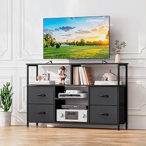 TV Stand with Storage, Television Stand Entertainment Center with 4 Fabric Drawers, TV Storage Cabinet Media Console Table for Living Room, Bedroom (Black)