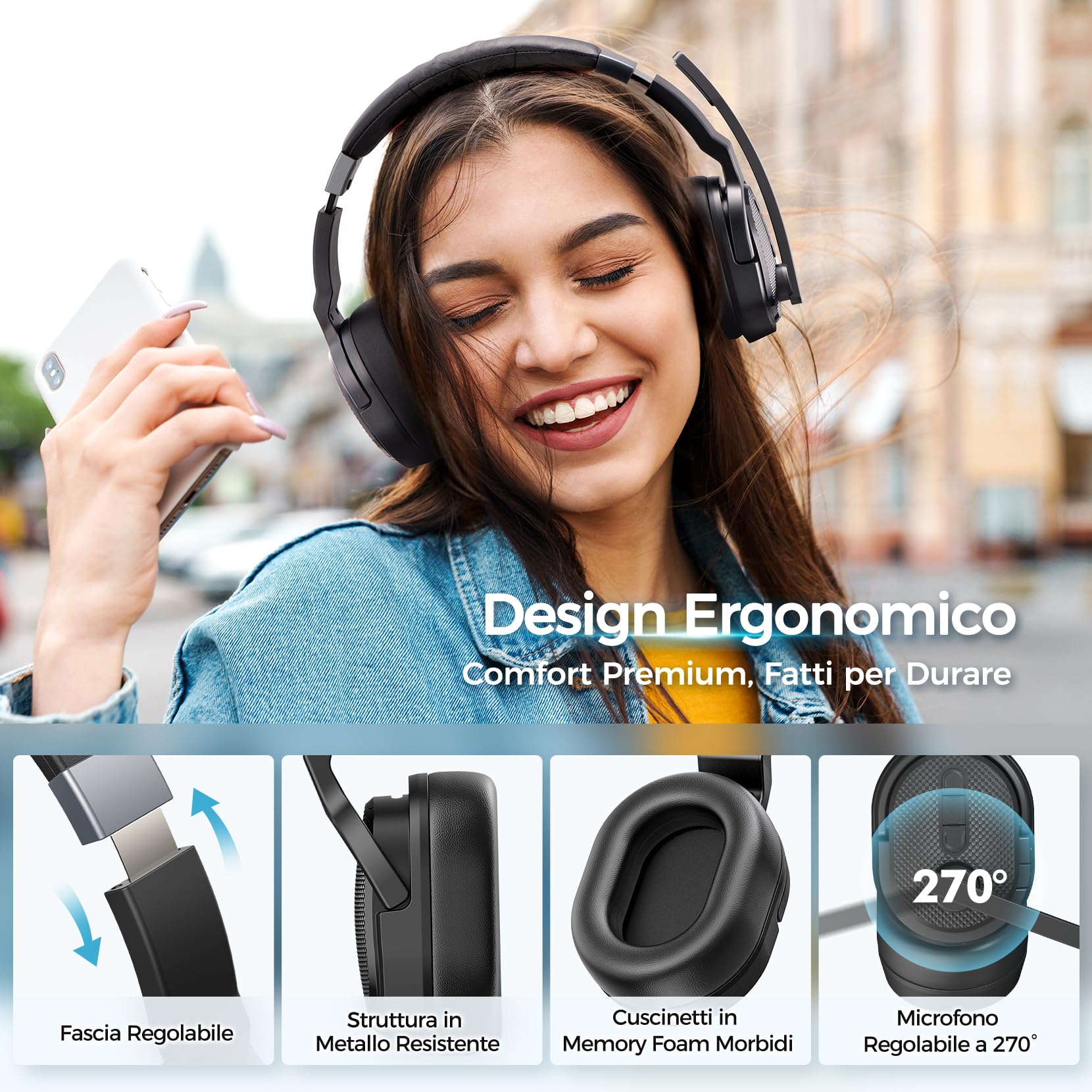 COSMUSIS Cuffie Bluetooth con Microfono, Auricolari Bluetooth con Imbottiglie Rimovibili, Cuffie Wireless con Microfono a Riduzione del Rumore, Headphones Bluetooth con 50 Ore di Autonomia
