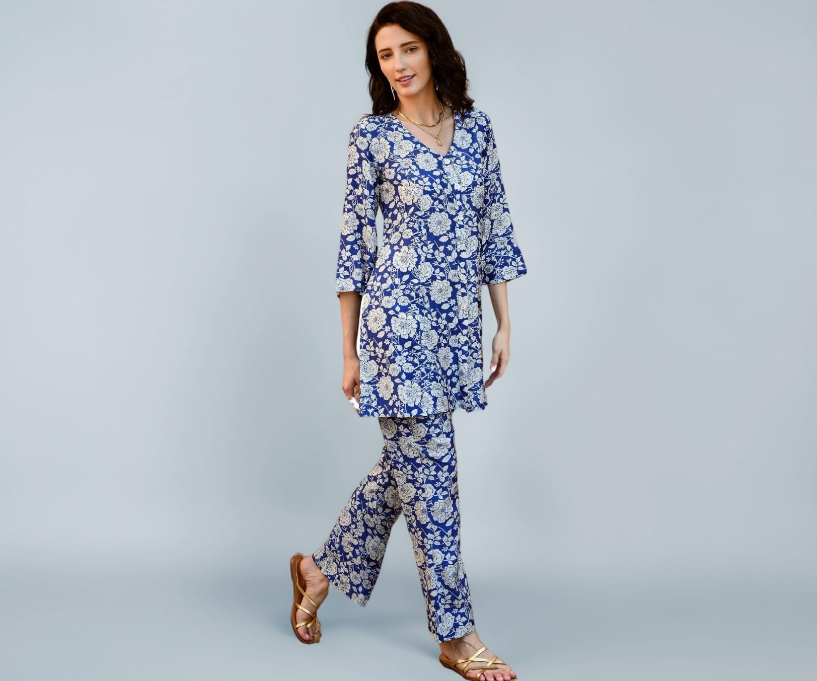 NAINVISH Pajama Set Women Co-Ord Set | Cotton Blend Co-Ord Set | Fancy Top & Pant Set | 2 Piece Dress For Women | Floral Printed Top & Pant Set | Full Pair Set