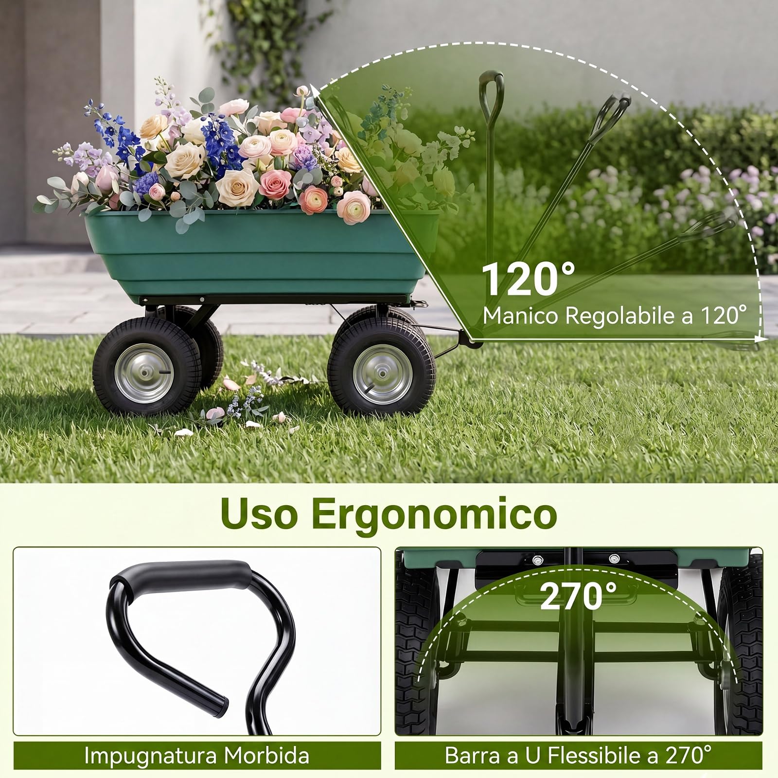 COSTWAY Carriola da Giardino 125 L, Carrello da Giardino in Metallo con Vasca Ribaltabile, Manico Regolabile e Ruote Pneumatiche, Carrellino da Giardinaggio per Giardino e Cortile, Portata 410 kg