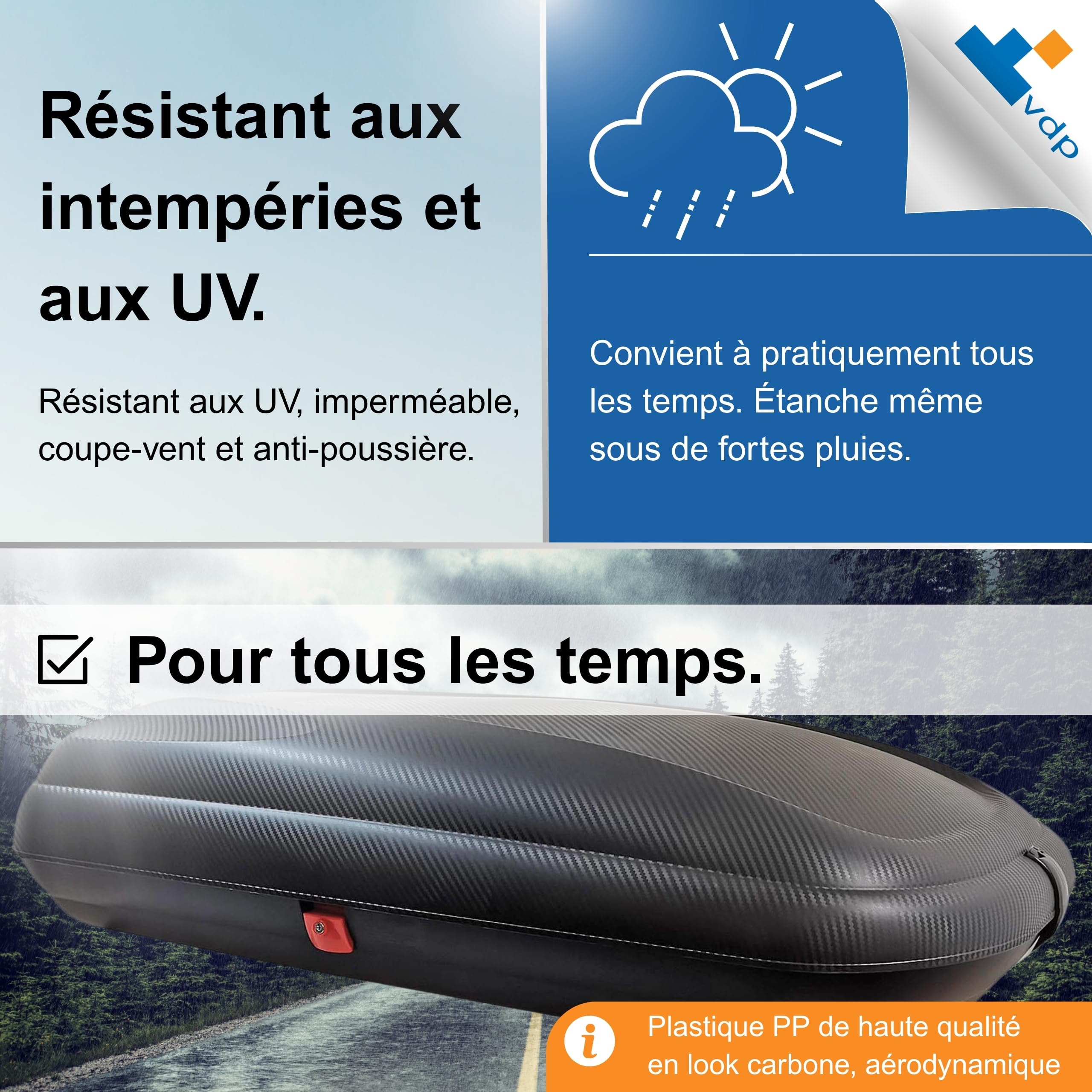VDP-BA400 Coffre de toit de voiture avec accessoires - Coffre de toit - Aspect carbone - Verrouillage central verrouillable - Universel pour voiture van SUV 400L