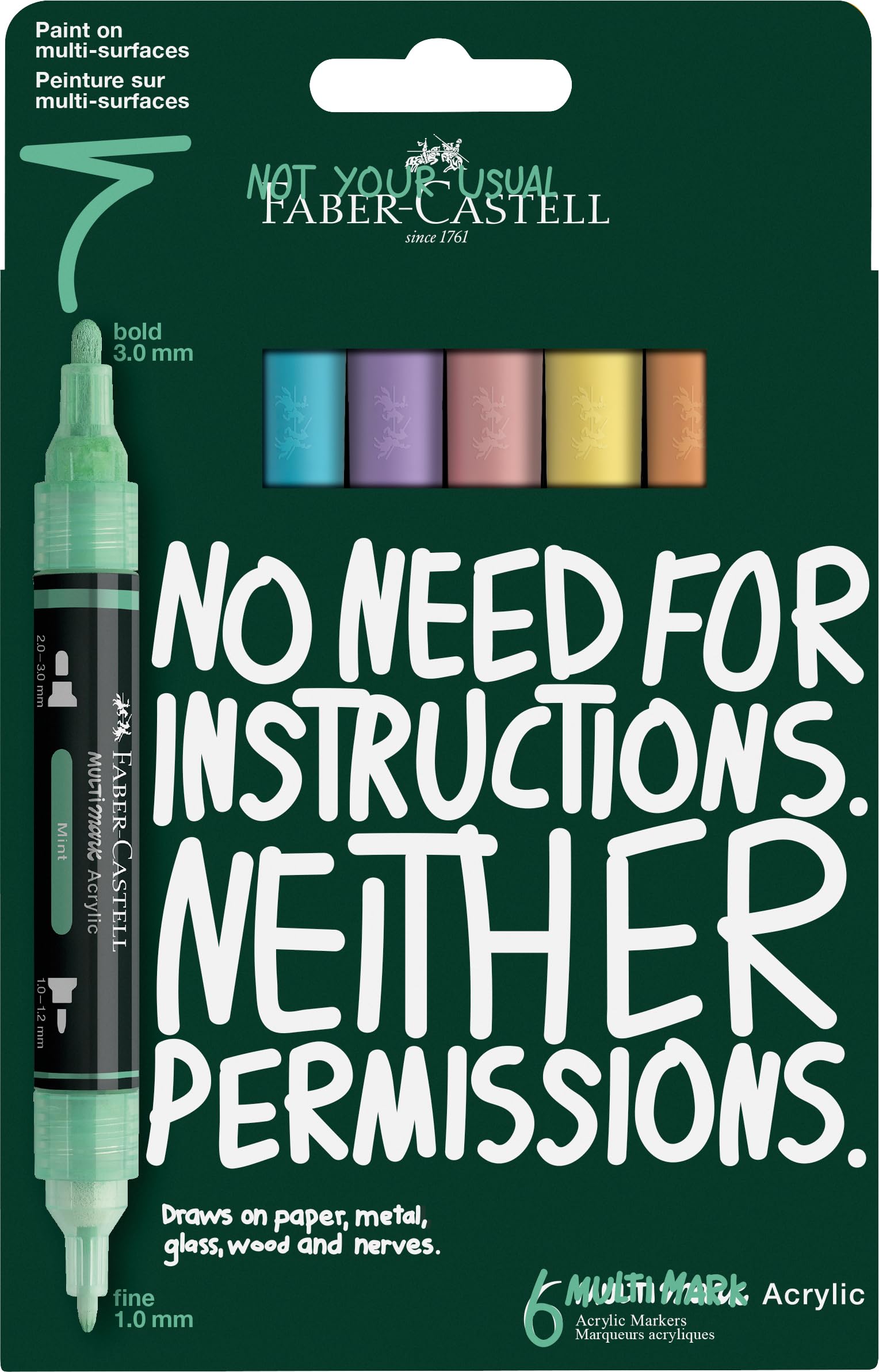 Faber-Castell Multimark Acrylic Dual Marker, Set of 6 Pastel Colours, Art Set Supplies, Water-Based Acrylic Marker Pen, Double Ended, Bold & Fine Tip, Art Markers, Colouring Pens, Highlighters