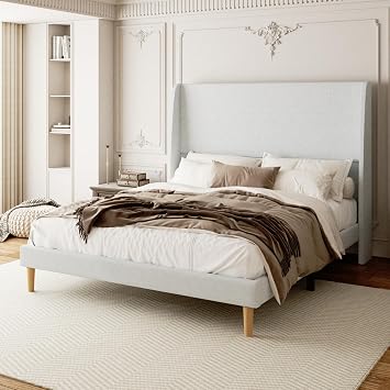 Sismplly Queen Bed Frame with 59" Tall Wingback Headboard, Upholstered Platform Bed, Heavy Duty Support, No Box Spring Needed, Wooden Slat Support, Solid Wood Legs, Easy Assembly, White