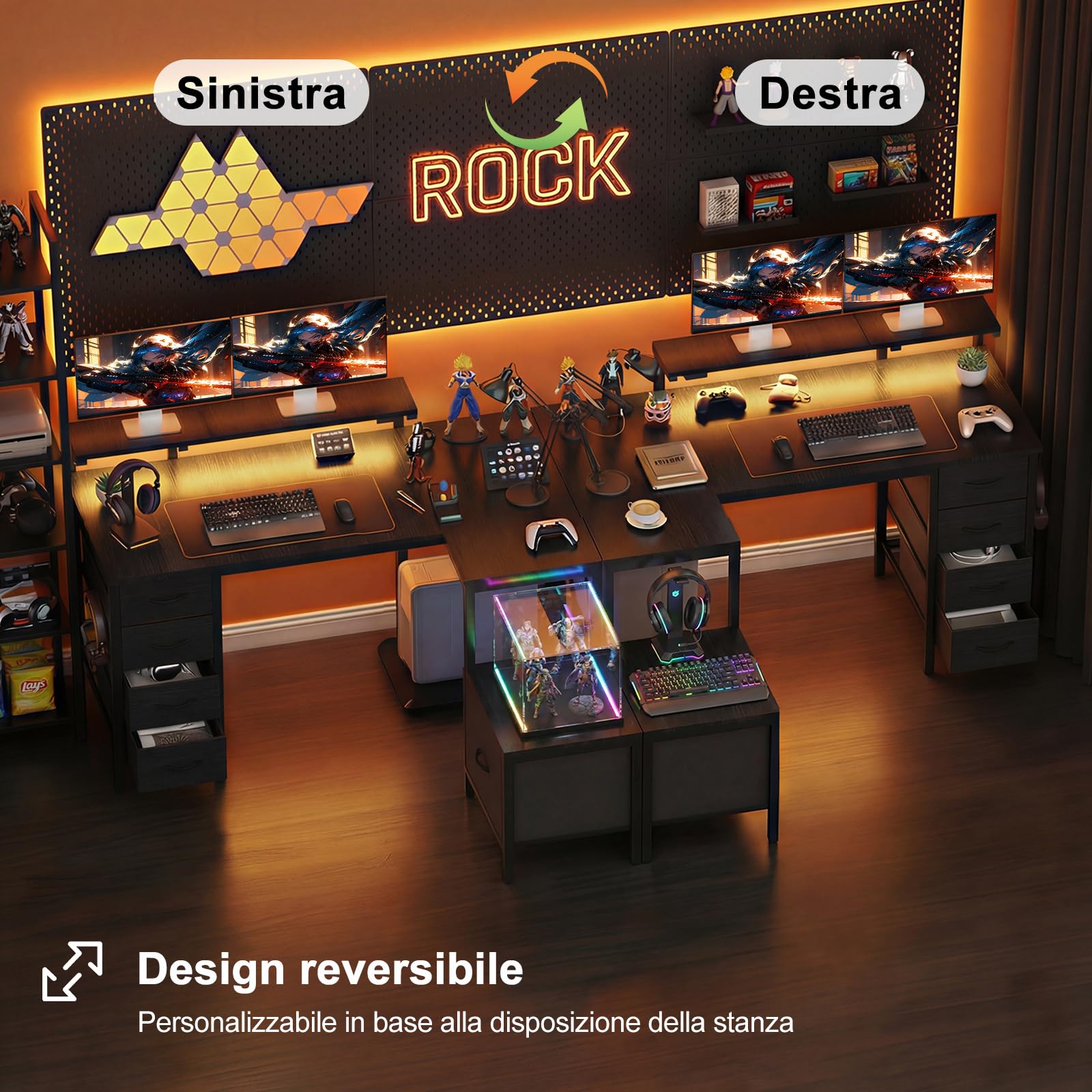 JUMMICO Scrivania angolare con mobile, scrivania reversibile a forma di L, con presa di corrente e porte USB, luci LED e ganci, scrivania da gioco ideale per casa e ufficio, 139 x 120 cm, nero