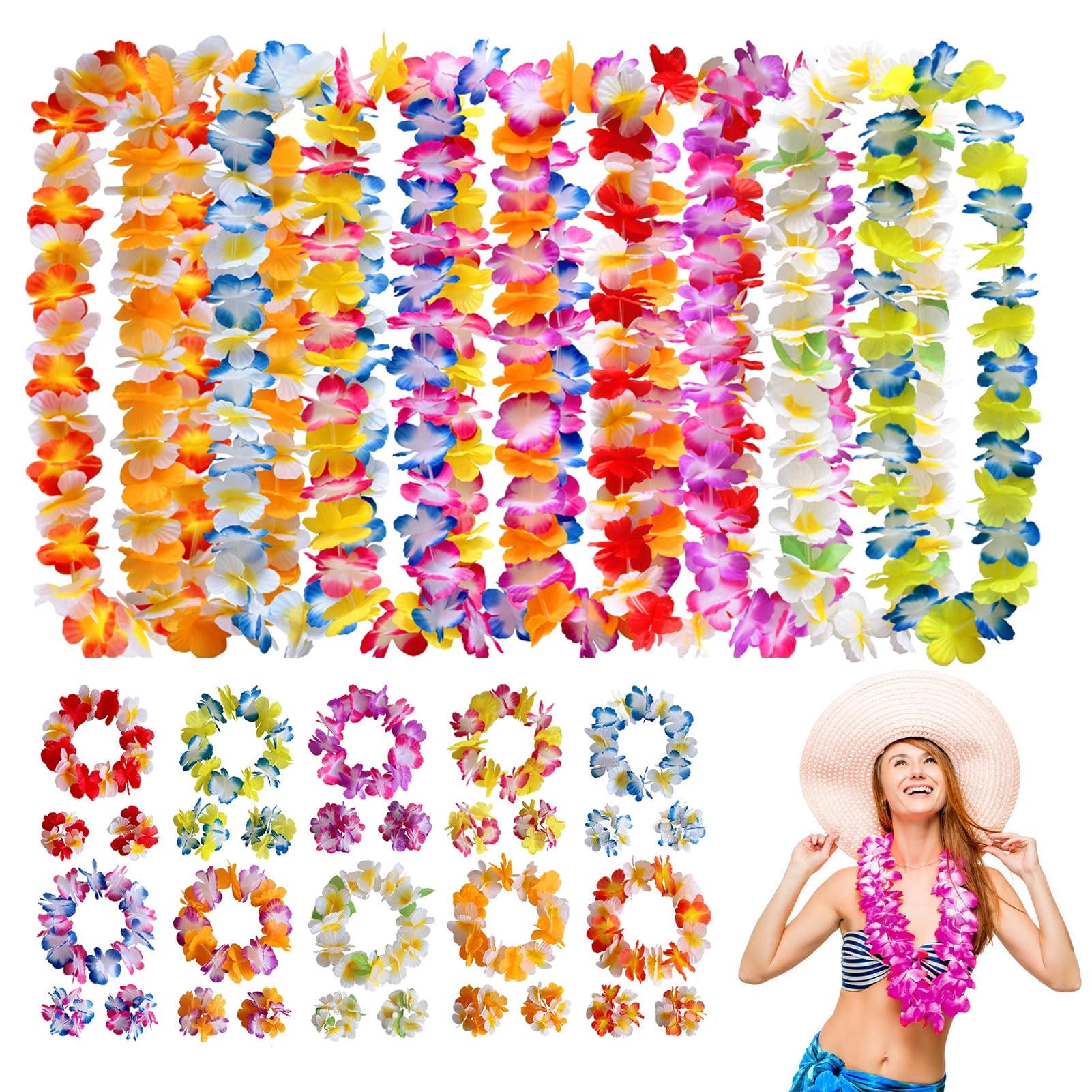 Homarket 40 Packs Hawaiian flower Leis,Tropical Luau Party Supplies of Hula Garland Necklaces Bracelets Headband Jumbo Simulated Silk Flowers for Hawaii Decorations, Beach Theme Party Decorations