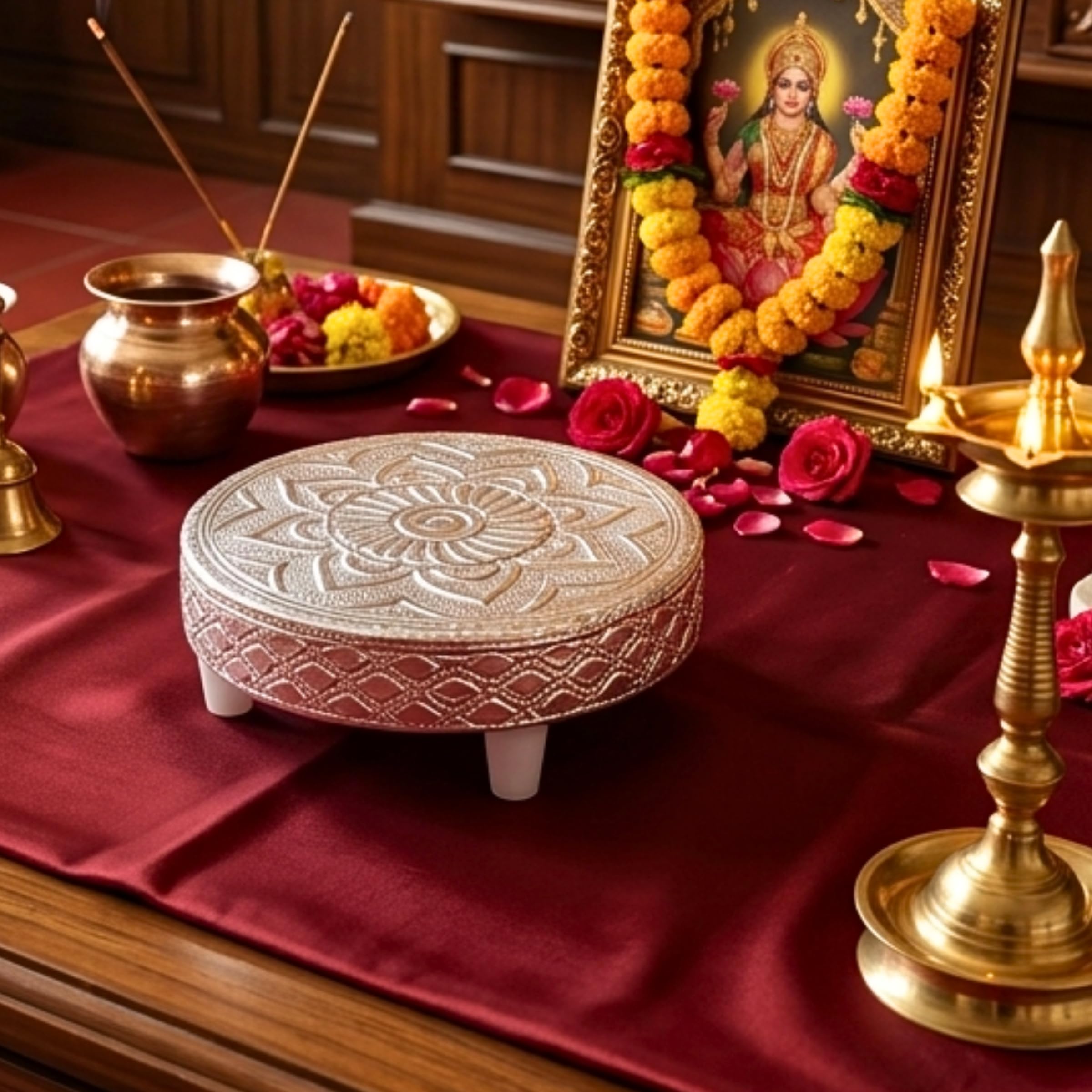 anciently Silver Meenakari Wooden Pooja Chowki (3.5 Inches Diameter, 1 Piece) | Aluminium Foil Silver Plated Chowki | Wooden Chowki for Puja | Wooden Bajot for Pooja (1, 3.5 Inches, Round)-image-42