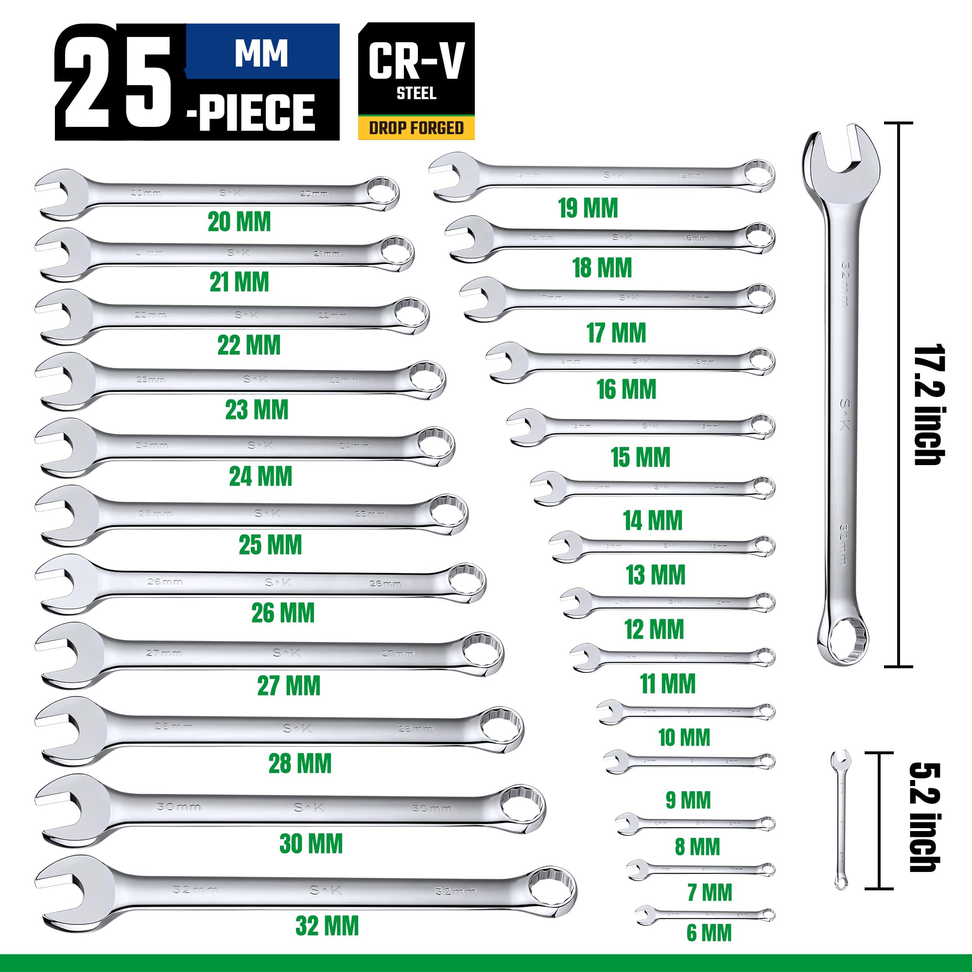 SK Zestaw kluczy płasko-oczkowych, SAE 1/10.2 cm do 1-1/10.2 cm, metryczny 6 do 32 mm, 42-częściowy, wykończenie SuperKrome, konstrukcja Premium CR-V, z torbą na kółkach