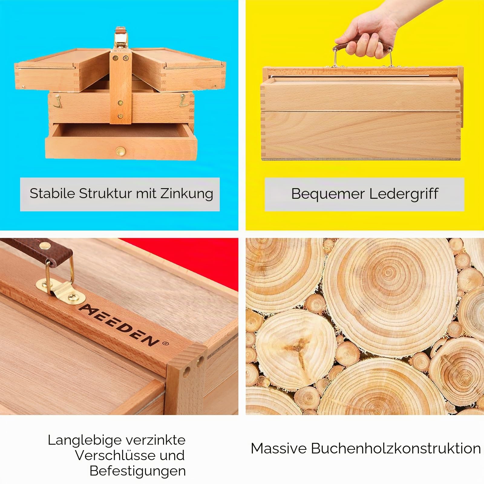 MEEDEN Aufbewahrungsbox für Künstlerbedarf – Tragbare, Faltbare Multifunktionale Aufbewahrungsbox aus Buchenholz für Kunstwerkzeuge und Pinsel mit Abteilen und Schublade für Pastelle, Bleistifte