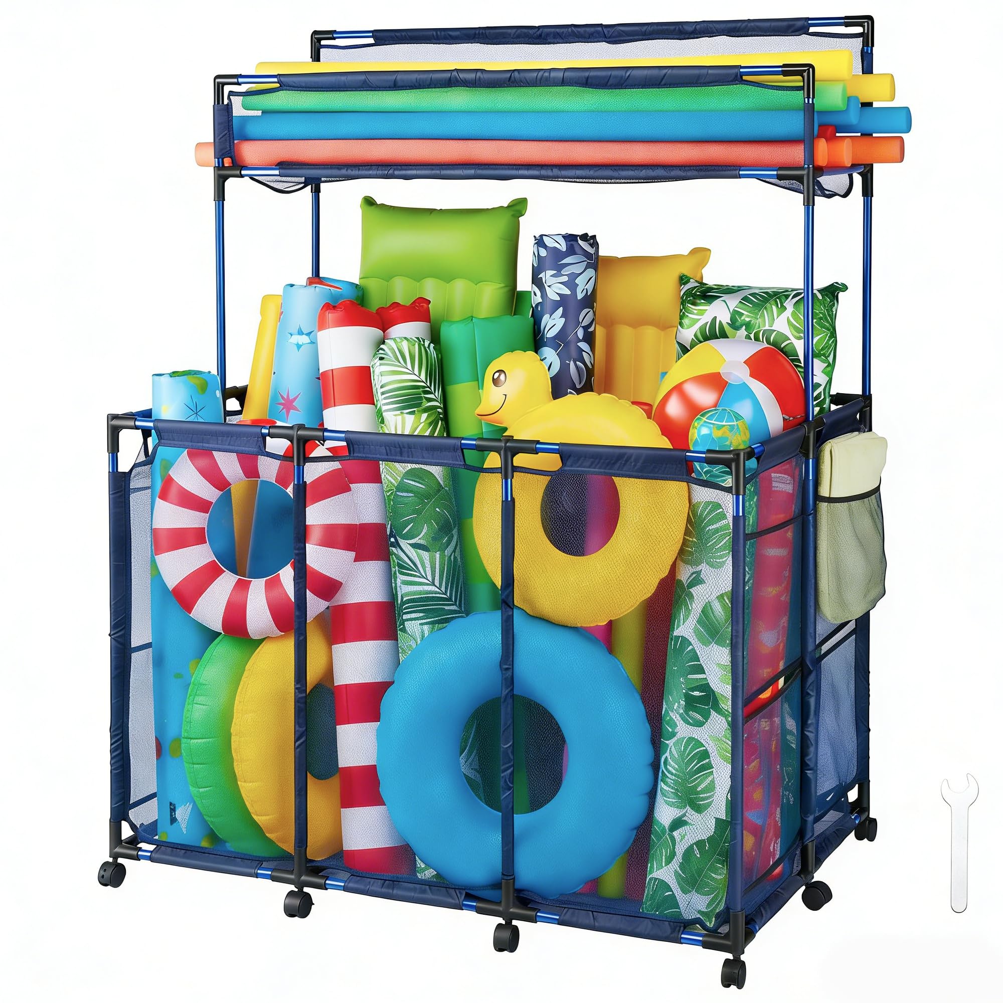 Yescom 390 Gallon Pool Float Storage Bin Basket for Toy Raft Noodles Outdoor Double Tiers 49"x31"x61" Metal Frame 10 Wheels Mesh Net Rolling Organizer