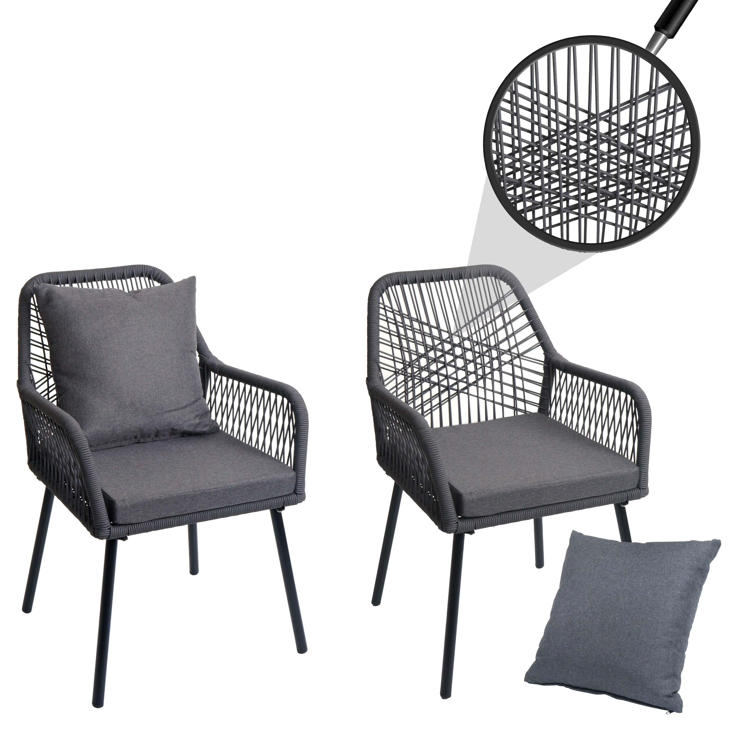 Mendler 2er-Set Gartenstuhl HWC-O12, Outdoor Sitz-/Rückenpolster Aluminium Seilgeflecht Rope - anthrazit, Bezug dunkelgrau