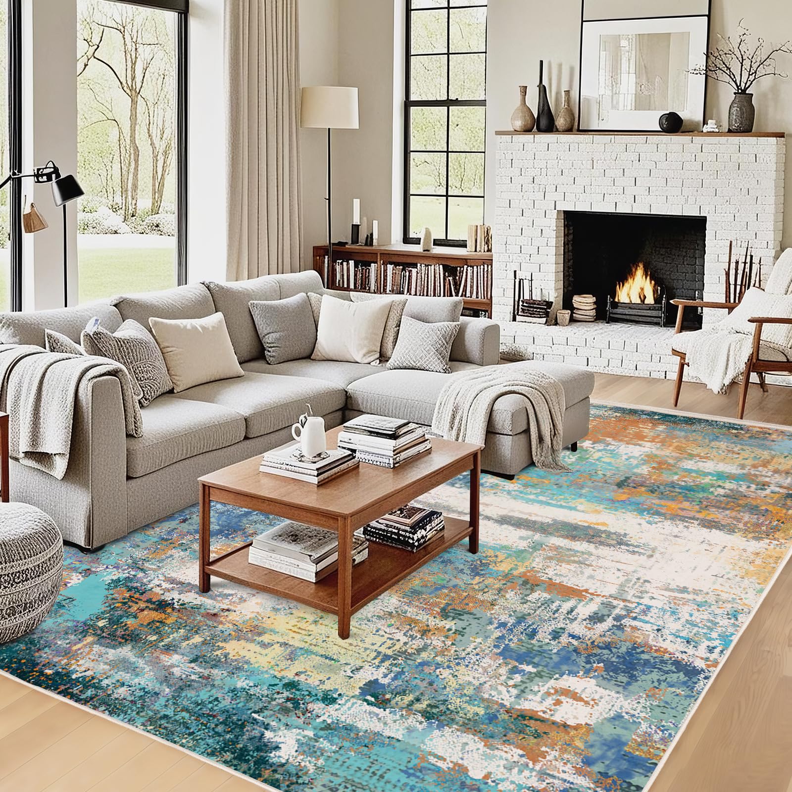 Tapis de salon design, motif abstrait, beige moderne - Vizon - Canada