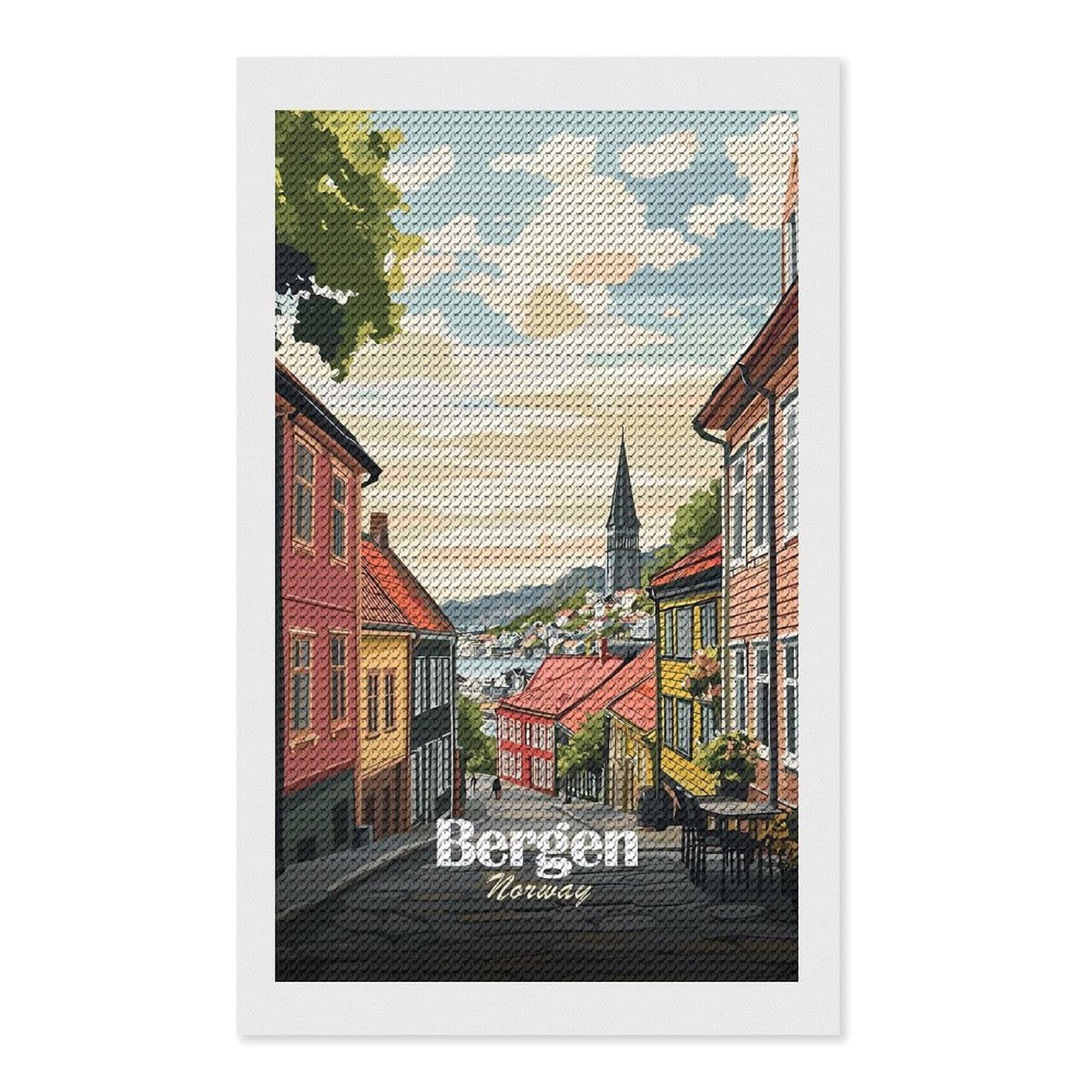 Junmoney Bergen, Norway Street View Illustration Diamond Painting Canvas Set 12"x20", Easy to Enjoy, Adhesive Canvas, Office Decor, Holiday Gift Idea, with Tool Kit