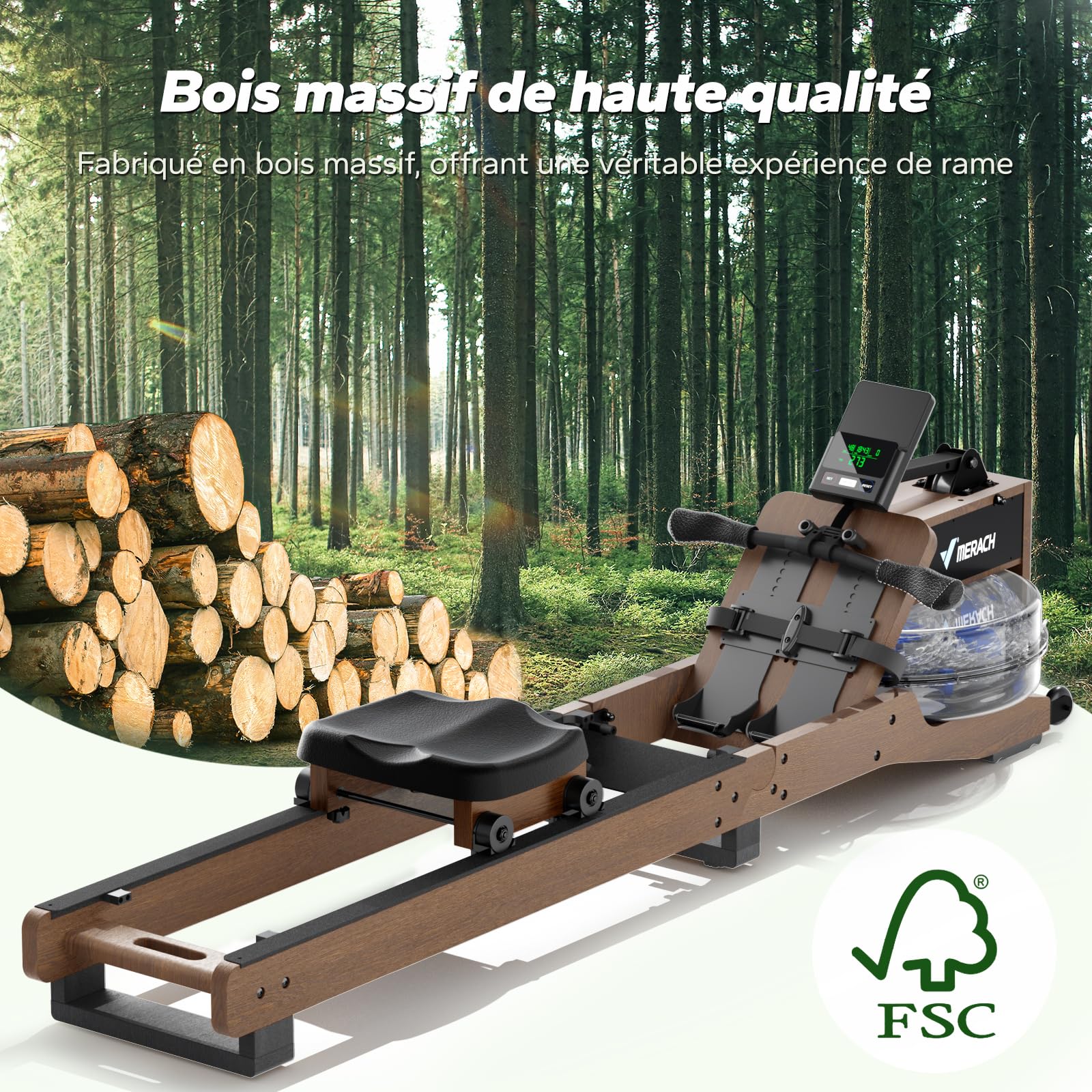 MERACH Rameur à l'eau Pliable, Bois d'hévéa et siège Confortable, avec Carte Interactive et Jeux d'application exclusifs, expérience d'aviron immersive, Capacité de Charge Maximale de 180 kg(R28)