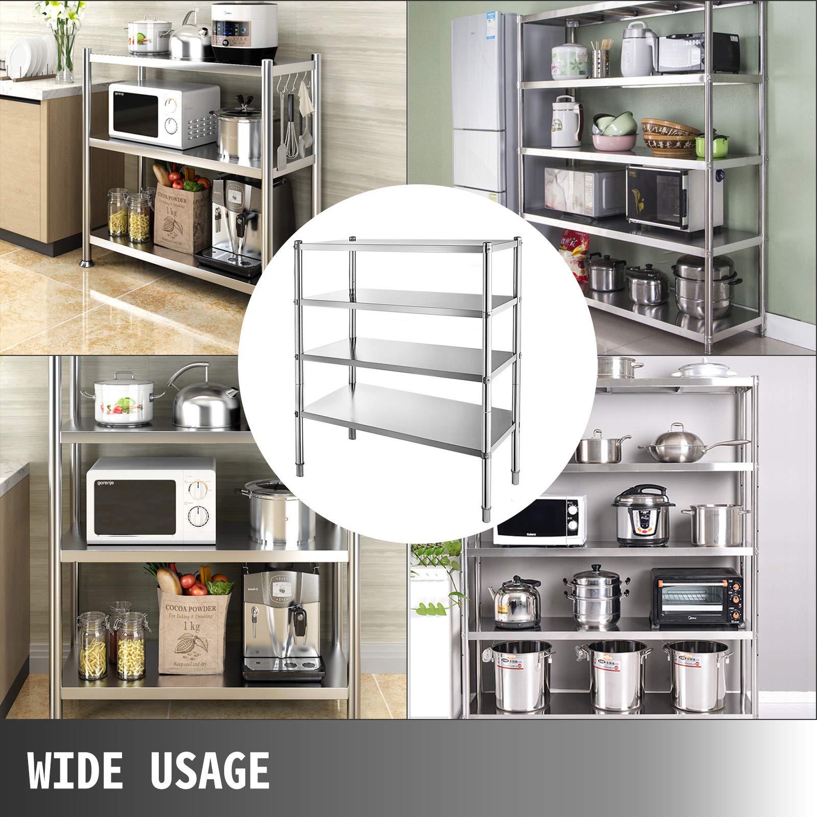 VBENLEM Stainless Steel Shelving 46.8x18.5 Inch 4 Tier Adjustable Shelf