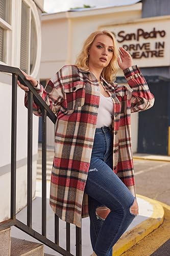 Miniatura 4 de IN'VOLAND Camisas de franela a cuadros de talla grande para mujer, manga larga, con solapa, estilo novio, con botones, chaqueta larga de tartán