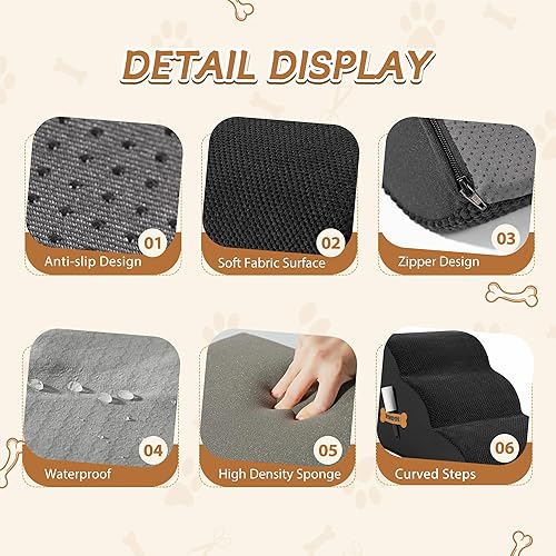 Miniatura 4 de Romrol - Escaleras de espuma de alta densidad para perros y sofás, escalones extra anchos para mascotas con cubierta de tela duradera antideslizante