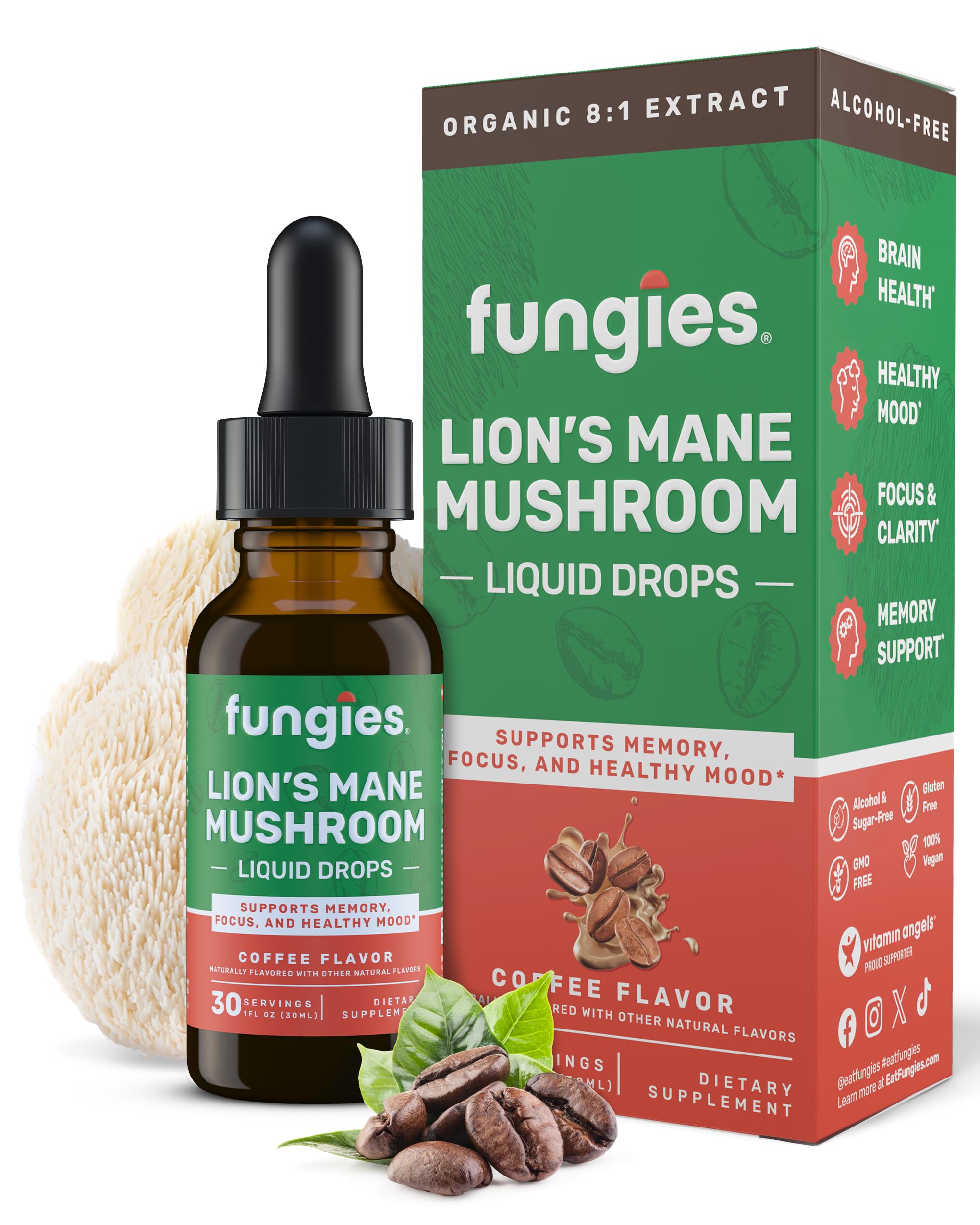 FungiesLion's Mane Mushroom Liquid Drops, Coffee - Tincture with Lions Mane Extract Supports Brain Fog, Focus, Memory & Healthy Mood - Mushroom Complex Supplement for Adults - 30 Servings