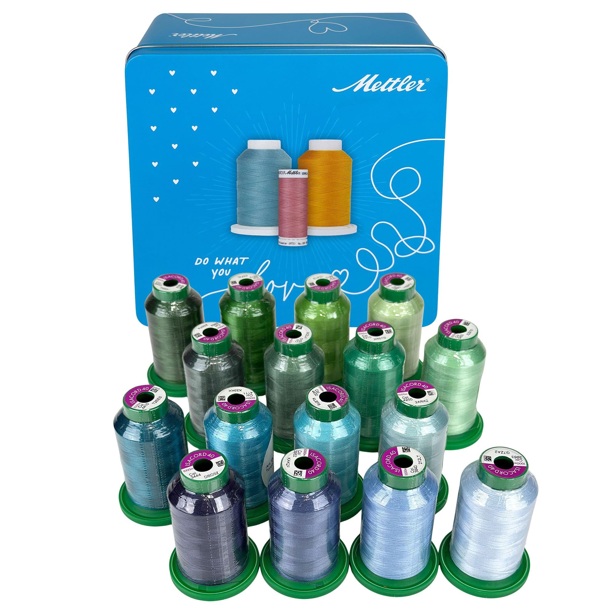 Amann Garnbox gefüllt mit 16 Konen Amann Isacord-Maschinen-Stickgarn (je 1000m) (grün/blau/aqua/türkis) 0,005€/m