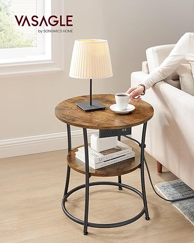 Miniatura 3 de VASAGLE Mesa auxiliar, mesa auxiliar redonda de 2 niveles con tomas de corriente, mesita de noche con marco de acero para espacios pequeños, sala de