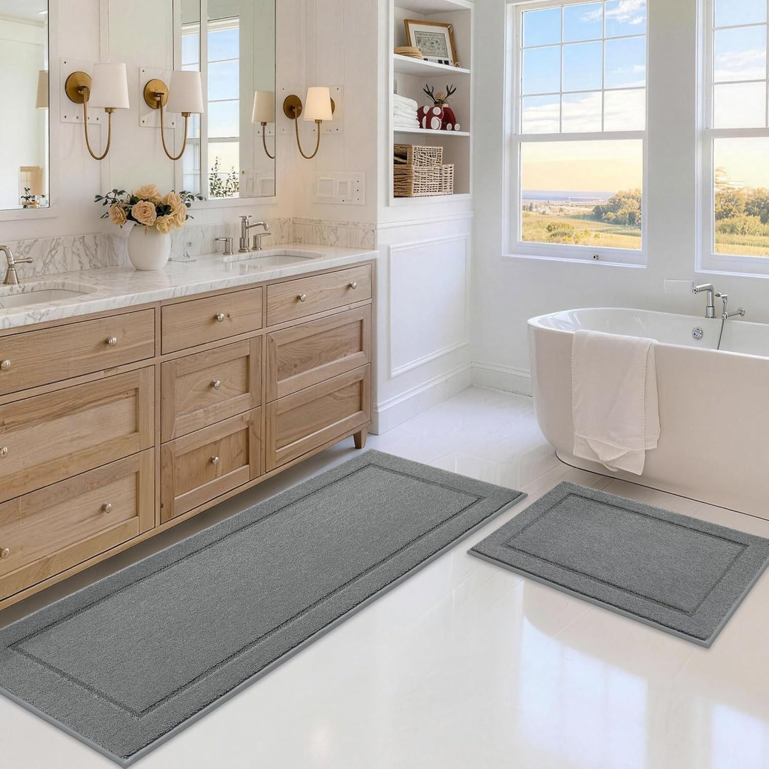 JSEI Non-Slip Bathroom Rugs, Self Adhesive No Sliding Bath Rugs Set of 2, Machine Washable Absorbent Bath Mat Set for Tub Shower & Single Sink 20”x32”+20”x48”, Light Grey, Rectangular Pattern