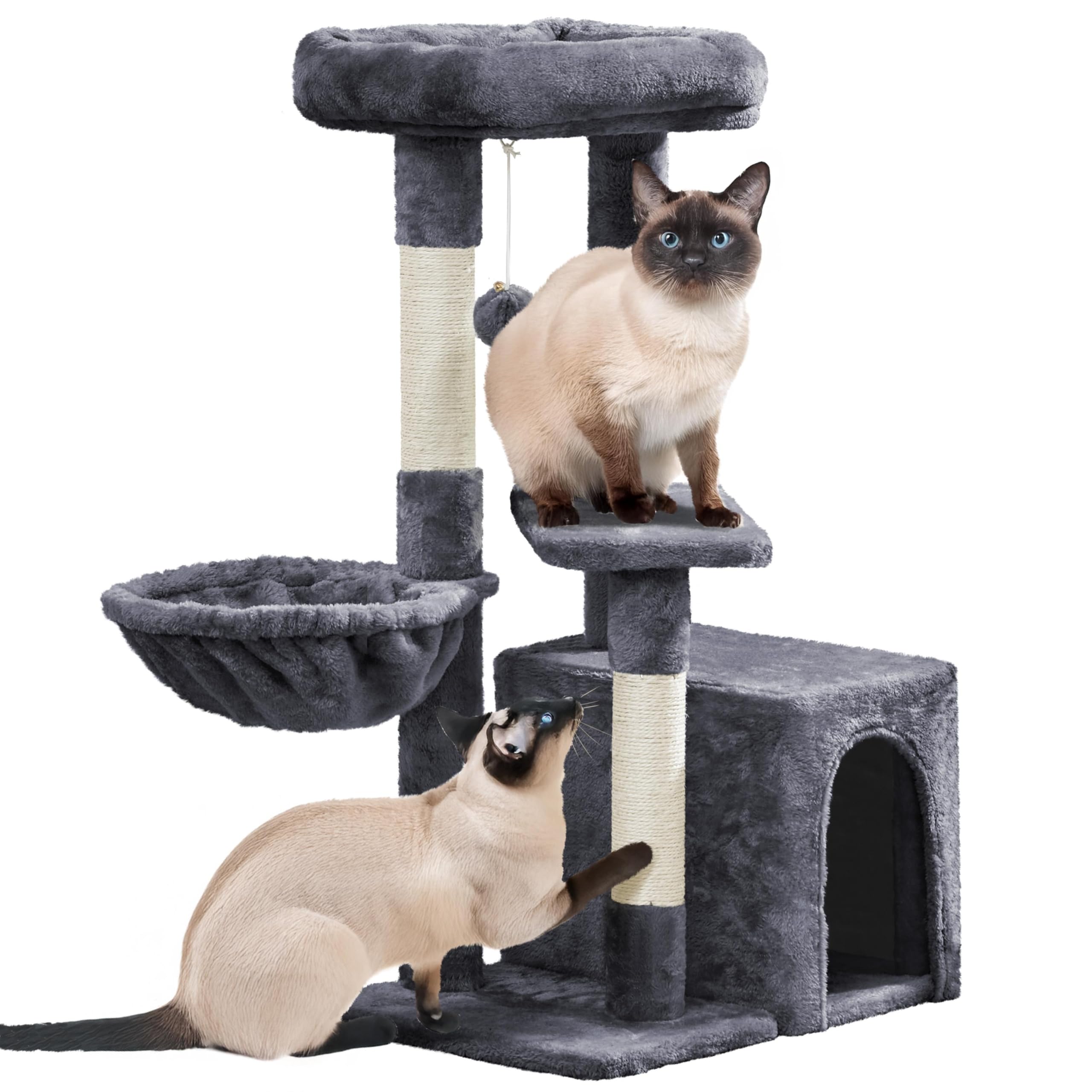 Yaheetech Cat Tree, Multi Level Climbing Tower for Indoor Cats, Pet Activity Center Scratching Post Indoor Furniture Bed with Basket for Kittens, Dark Gray