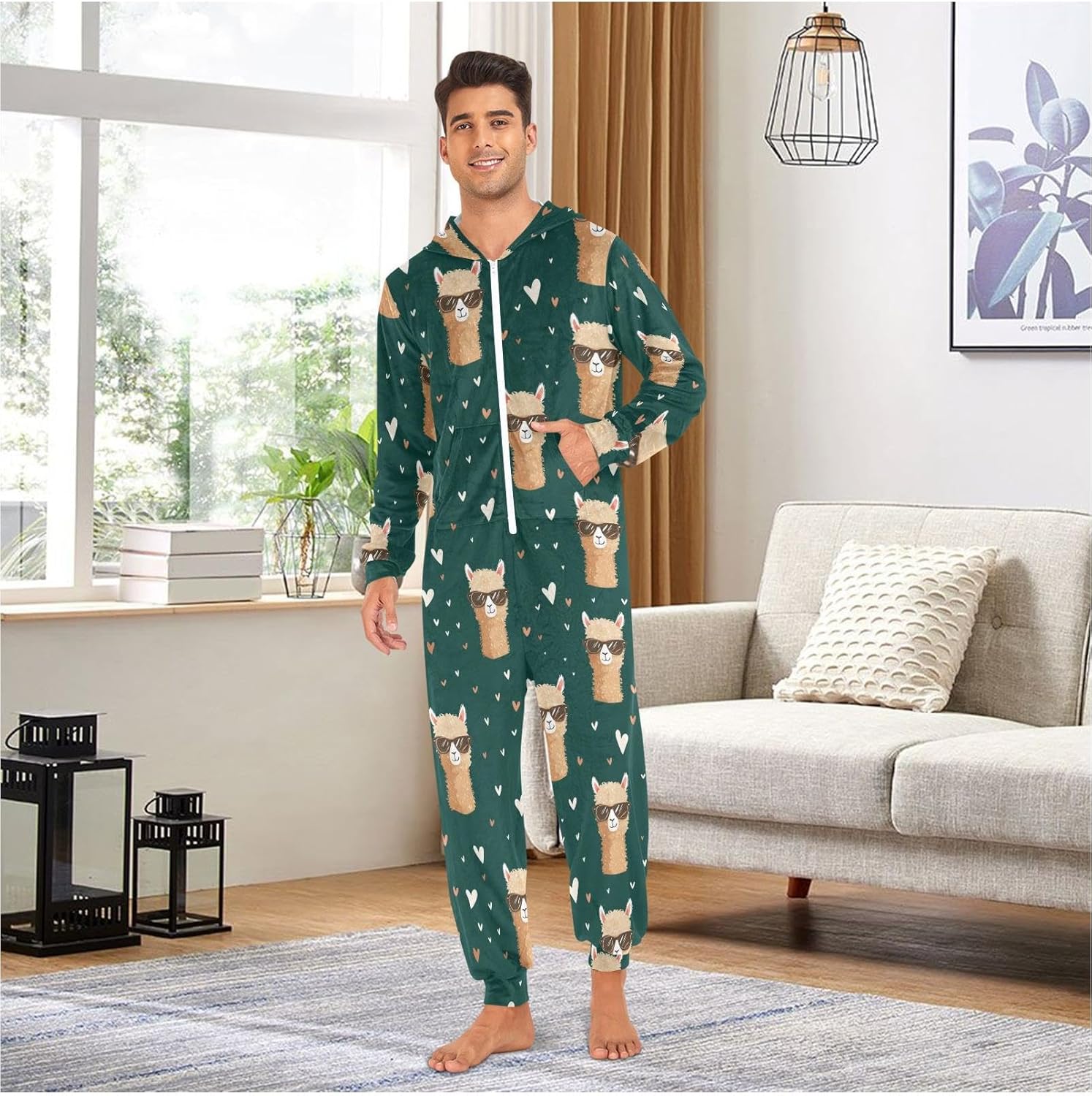 ZZKKO Alpaca Wearing Sunglasses Adult Onesie Pajamas for Women Men Cozy One Piece Pajamas Costume Zip-Up Hooded S-XL